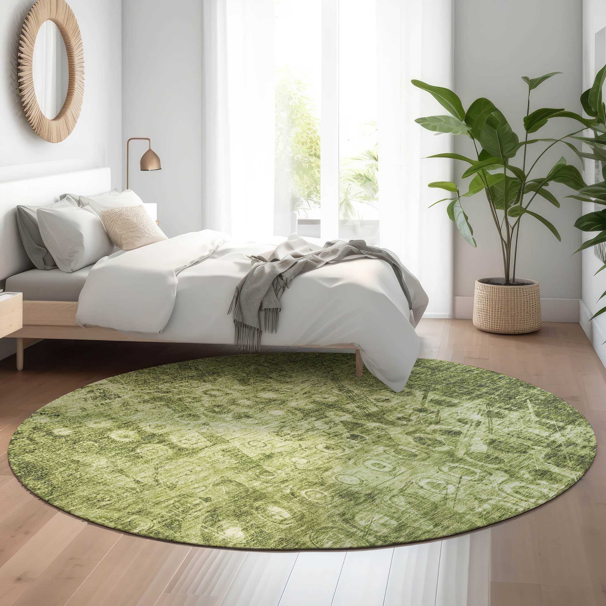 Luang Prabang Machine Washable Transitional Olive Green Rug 8' x 8' #shape_Round