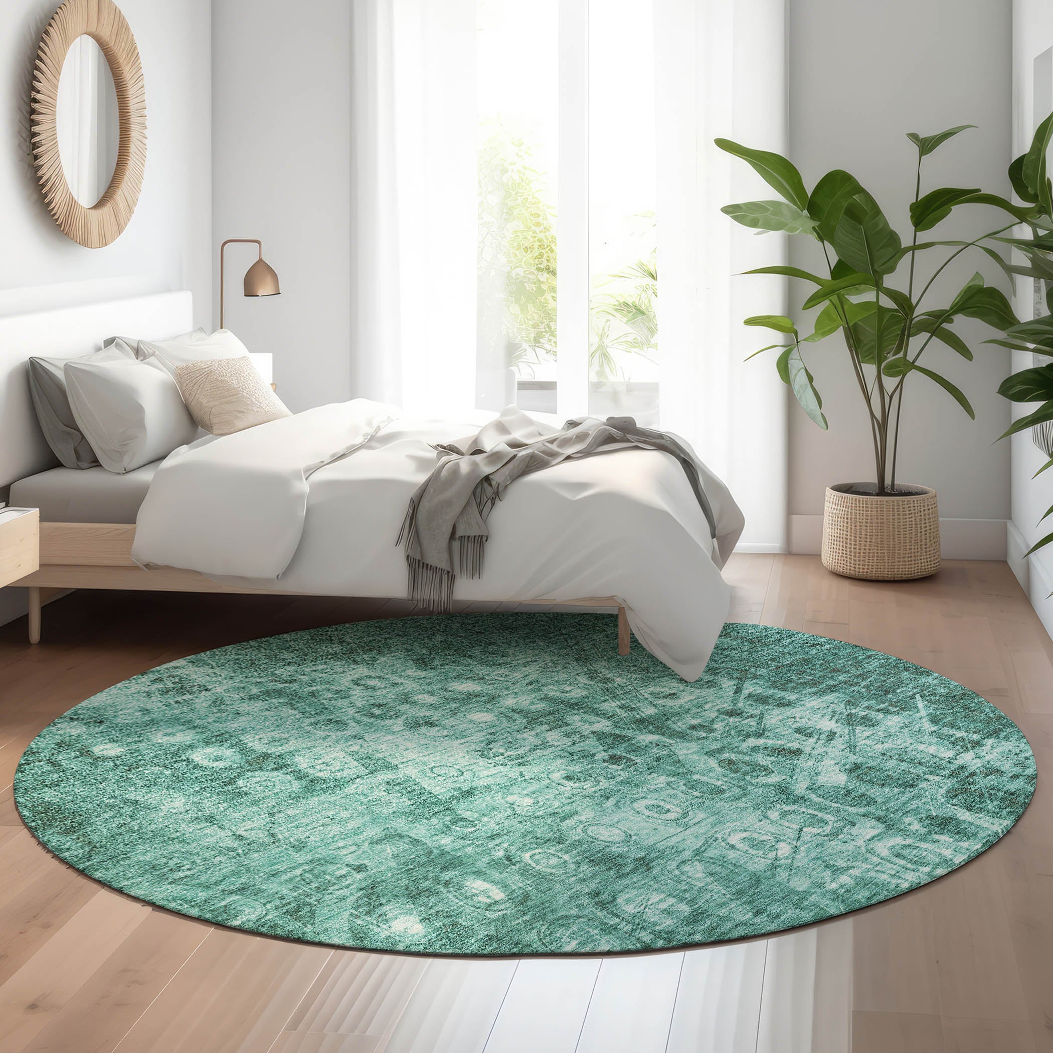 Luang Prabang Machine Washable Transitional Teal Rug 8' x 8' #shape_Round