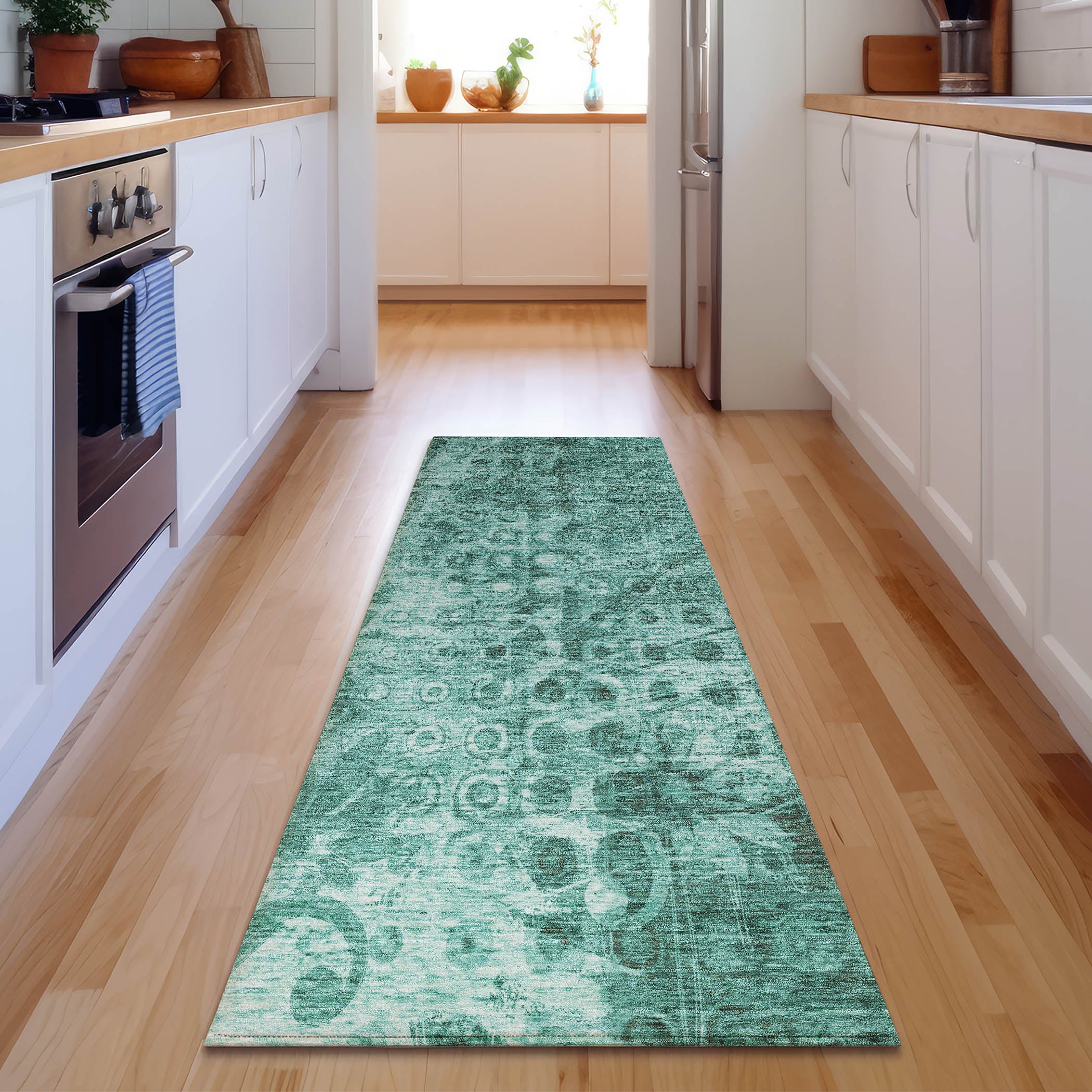 Luang Prabang Machine Washable Transitional Teal Rug 2'3" x 7'6" #shape_Runner