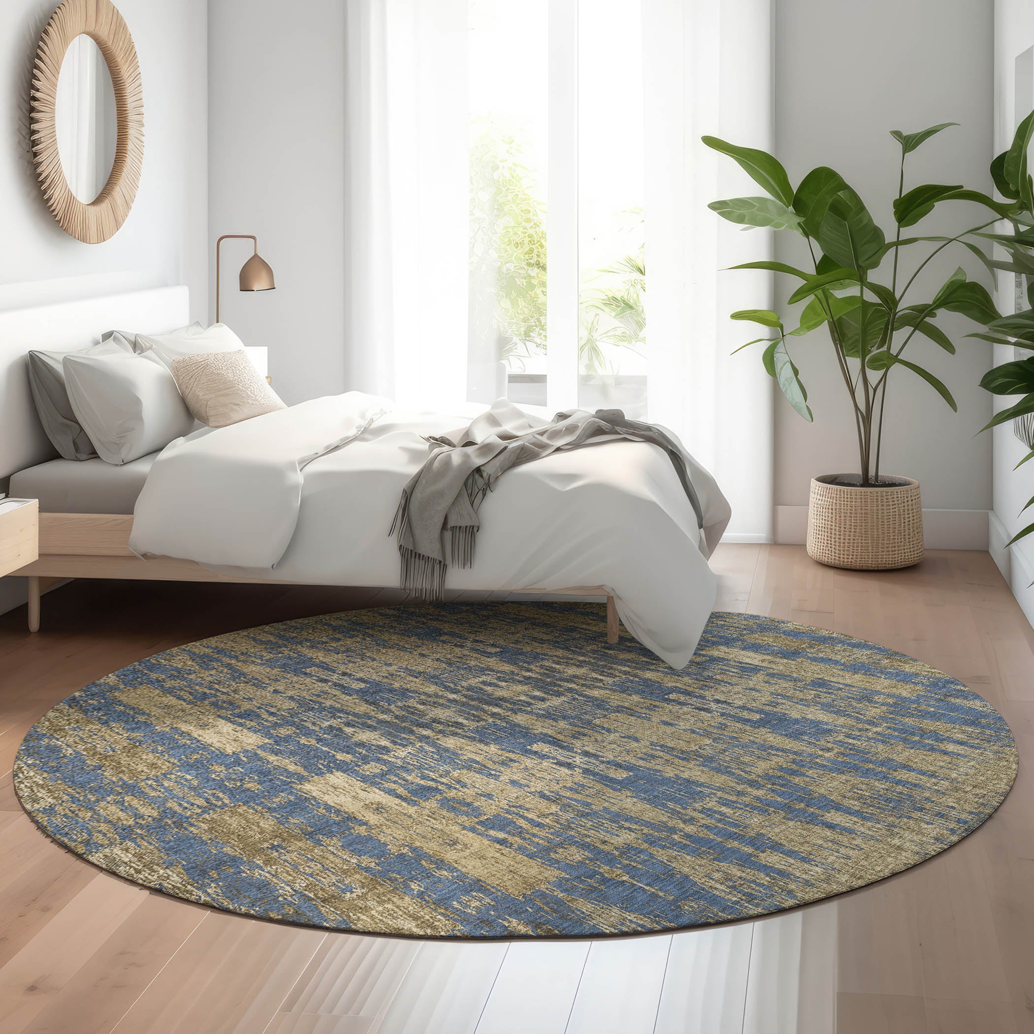 Lima Machine Washable Transitional Blue Rug 8' x 8' #shape_Round