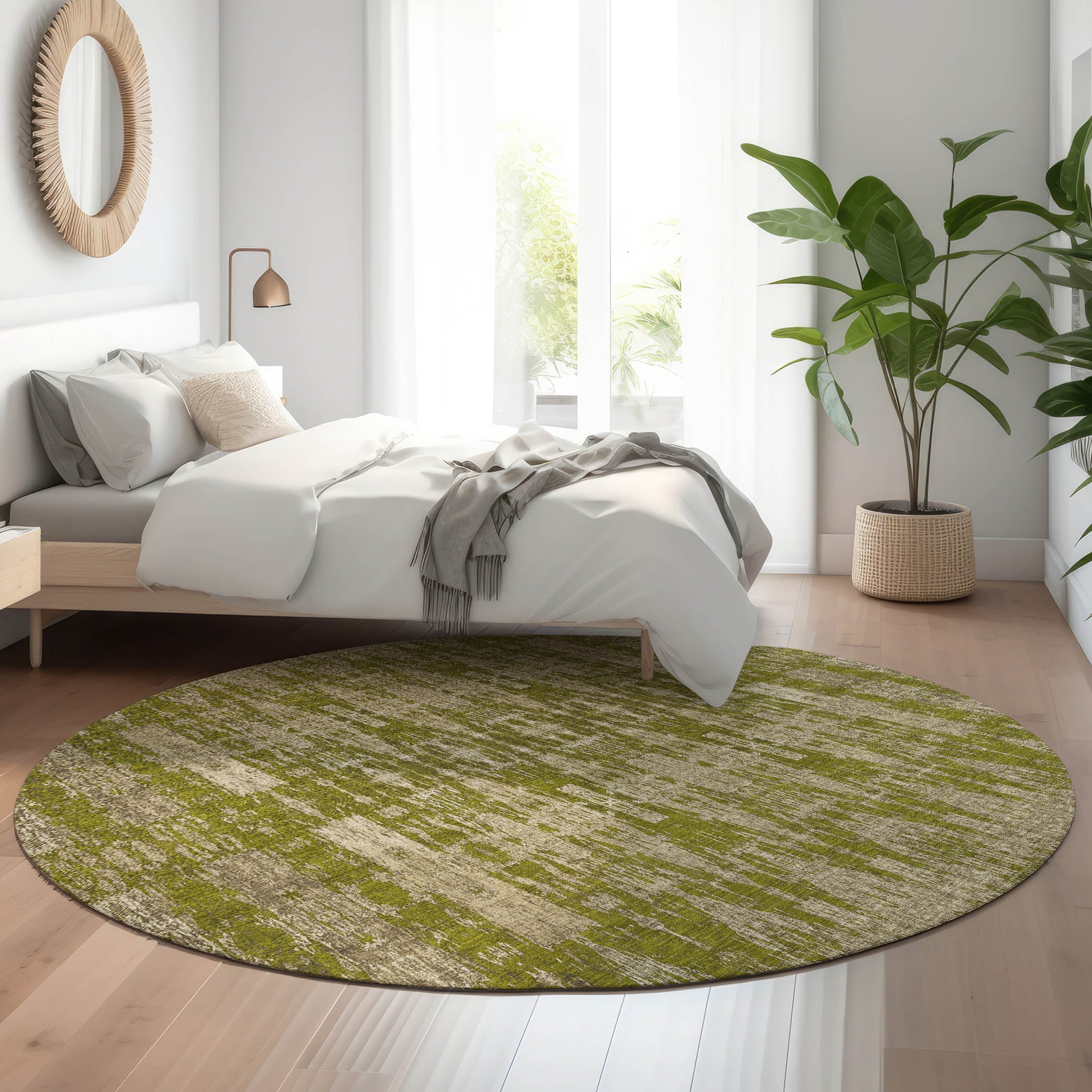 Lima Machine Washable Transitional Olive Green Rug 8' x 8' #shape_Round