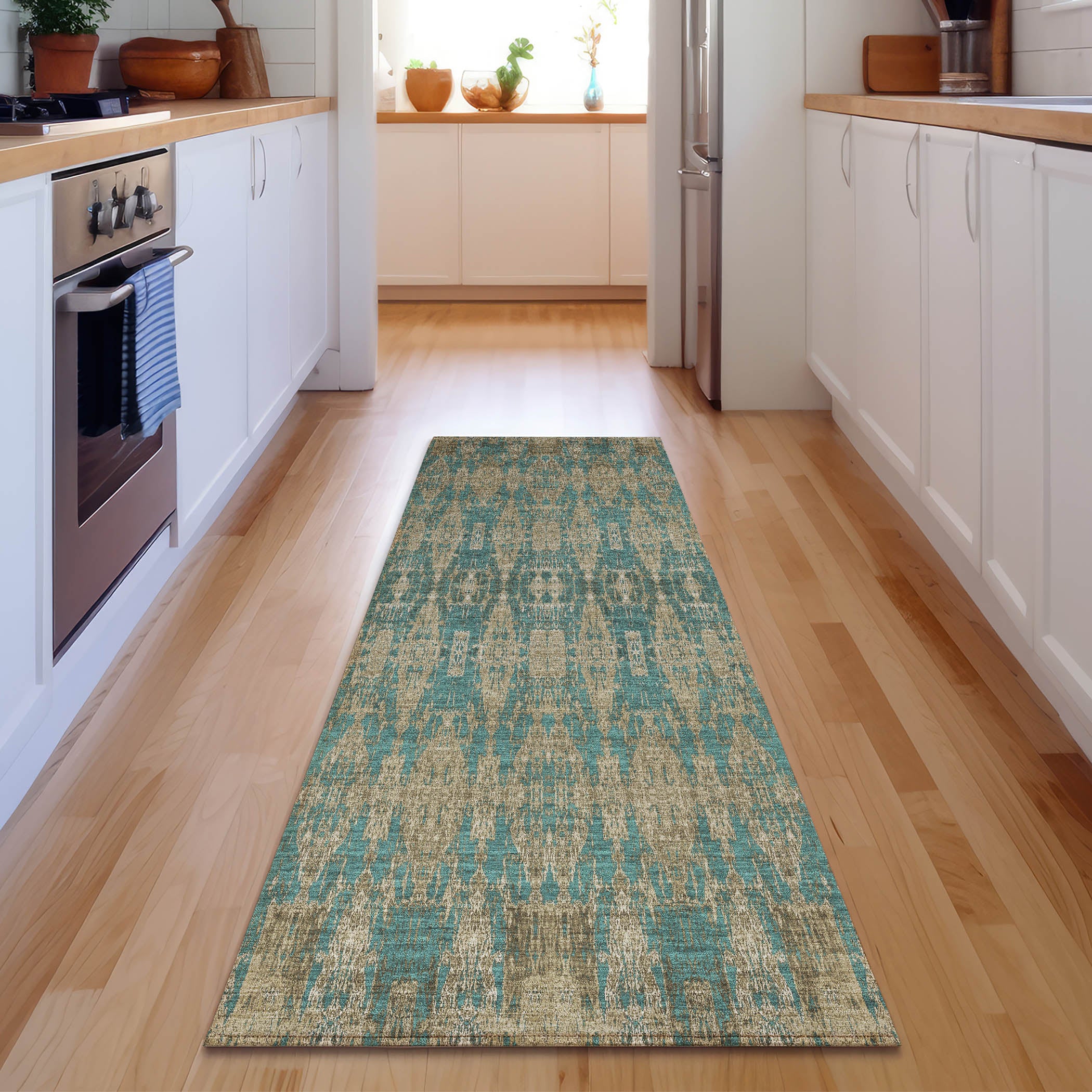 Lima Machine Washable Transitional Teal Rug 2'3" x 7'6" #shape_Runner