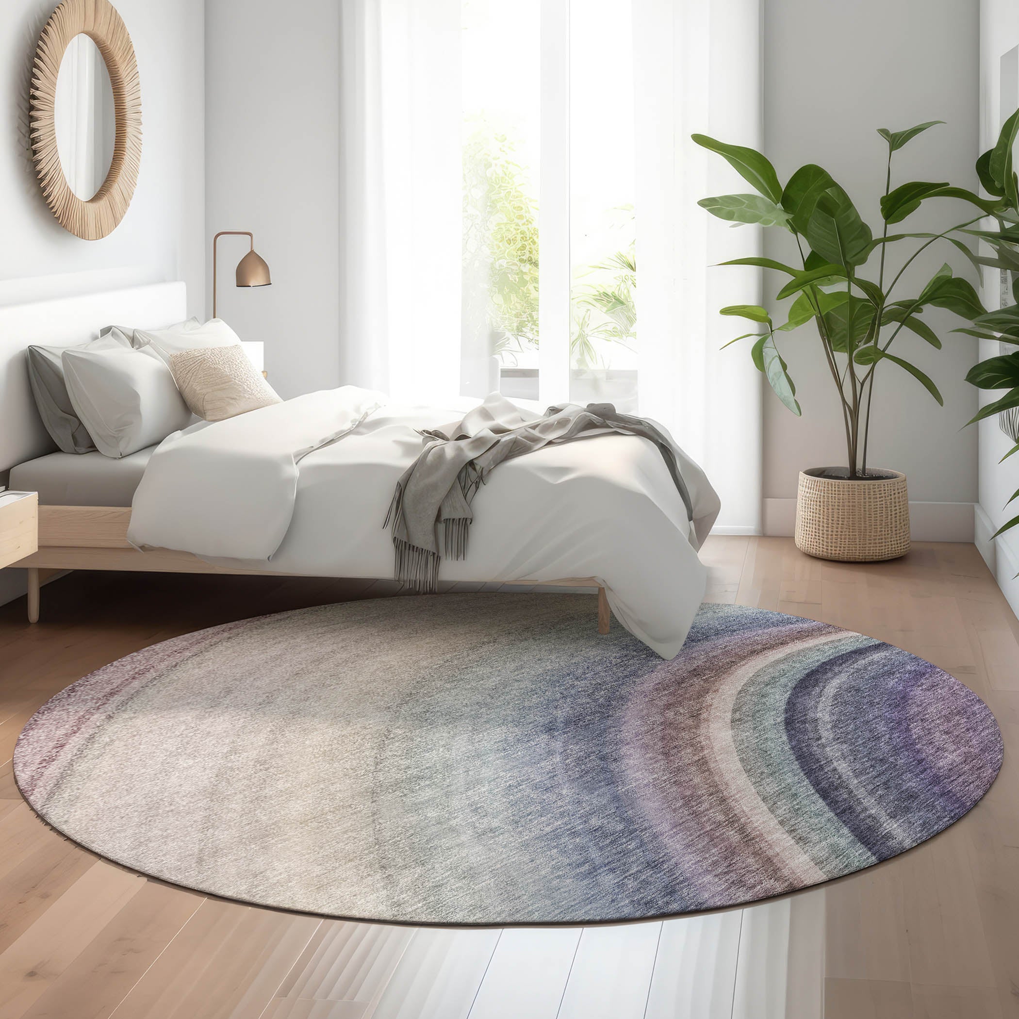 Mdina Machine Washable Transitional Beige Brown Rug 8' x 8' #shape_Round