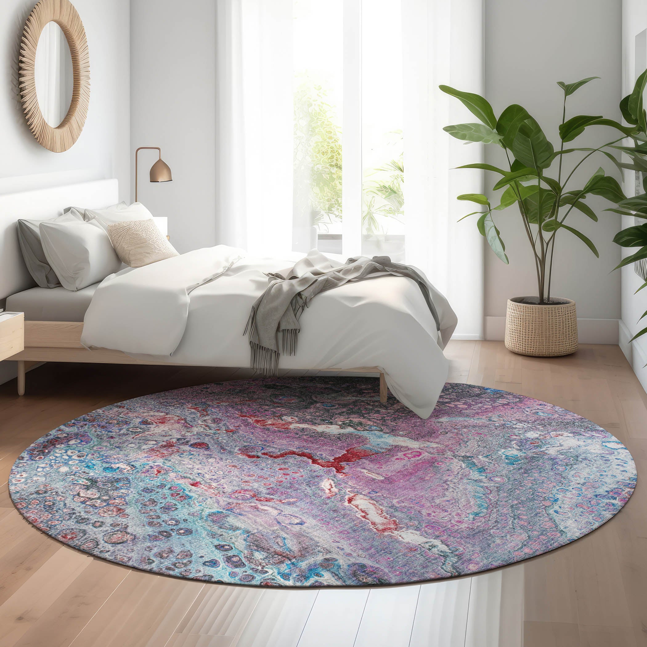 Istanbul Machine Washable Contemporary Blue Rug 8' x 8' #shape_Round