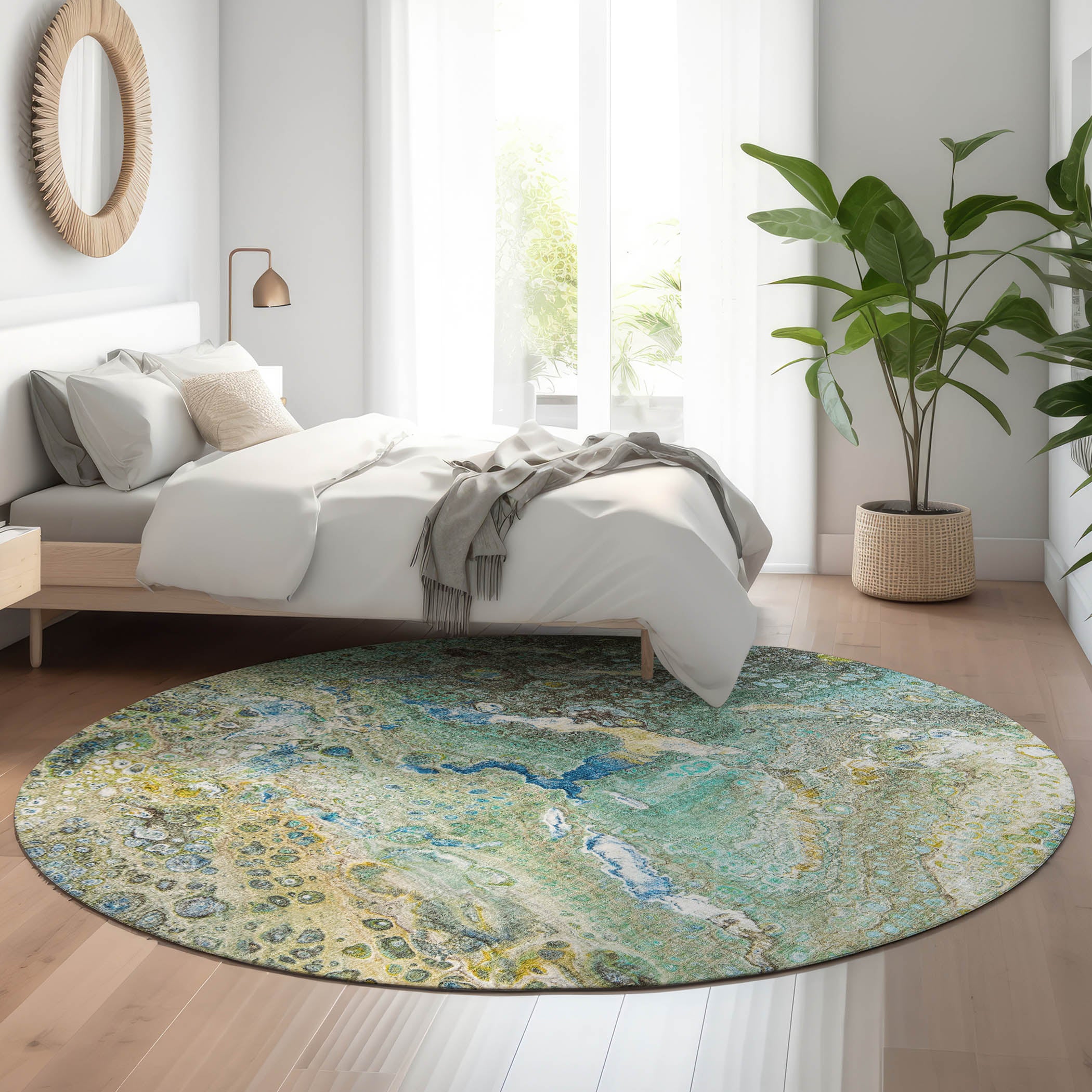 Istanbul Machine Washable Contemporary Teal Rug 8' x 8' #shape_Round