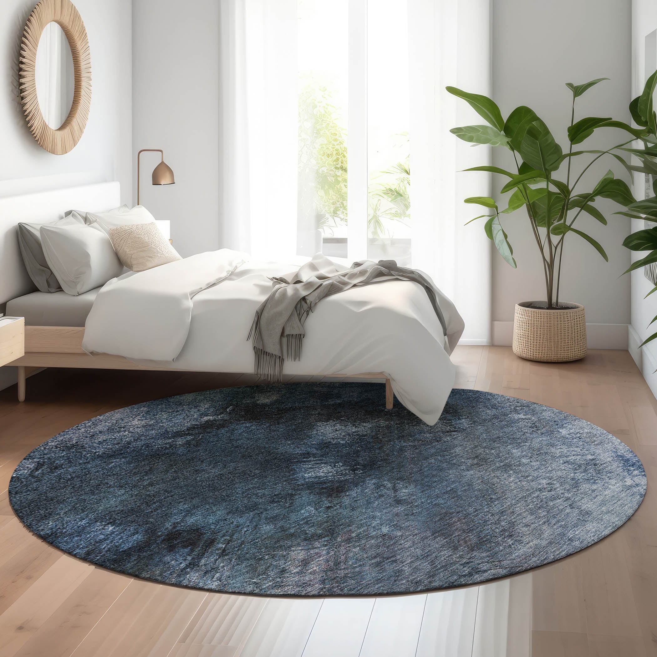 Kyoto Machine Washable Transitional Blue Rug 8' x 8' #shape_Round