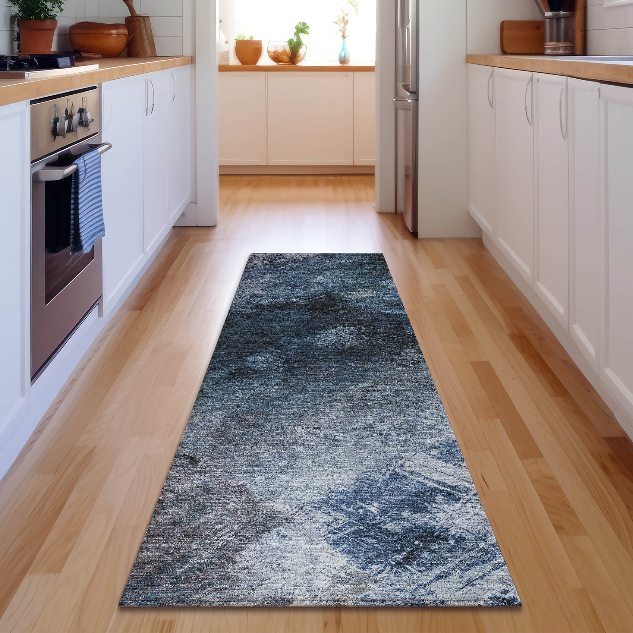 Kyoto Machine Washable Transitional Blue Rug 2'3" x 7'6" #shape_Runner