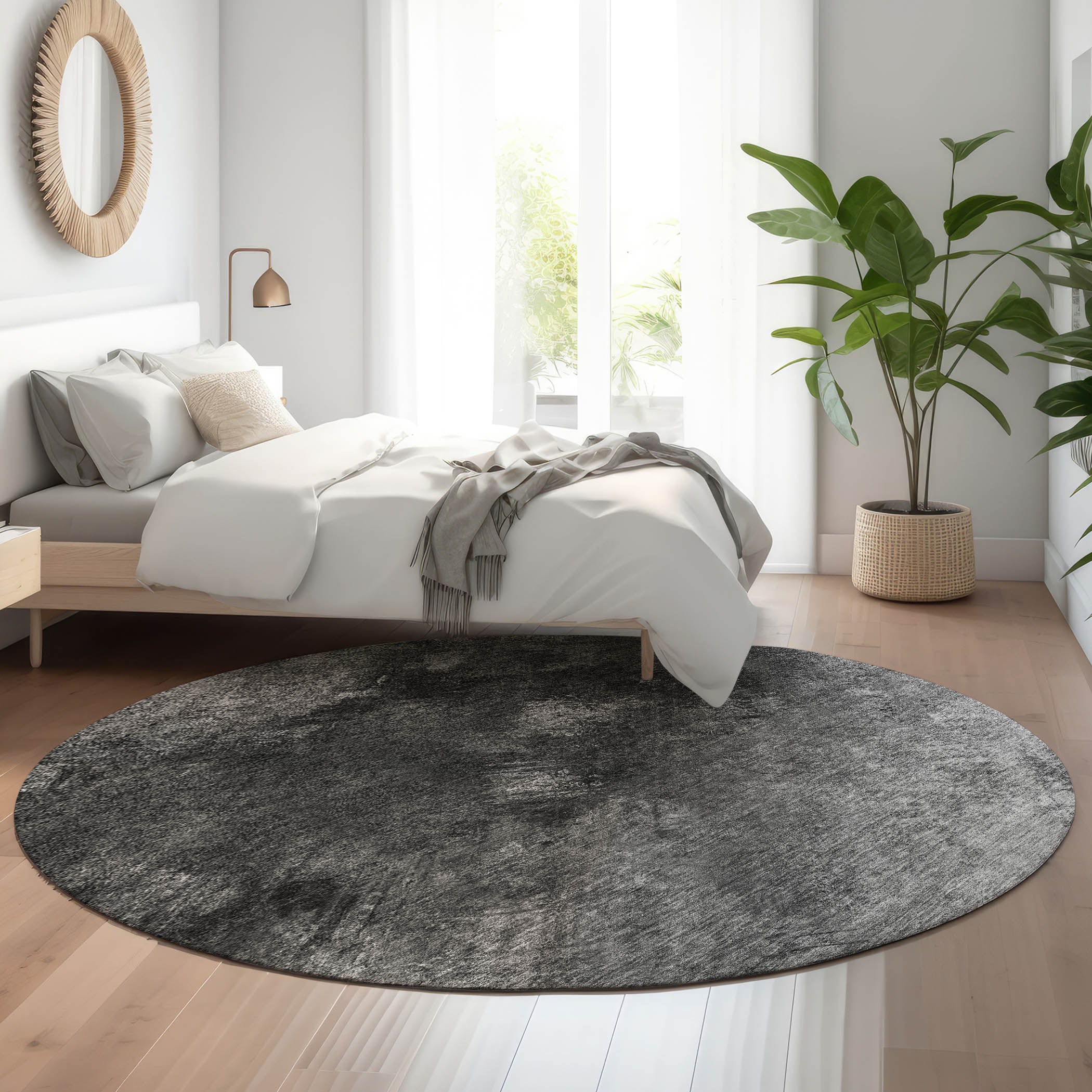 Kyoto Machine Washable Transitional Gray Rug 8' x 8' #shape_Round