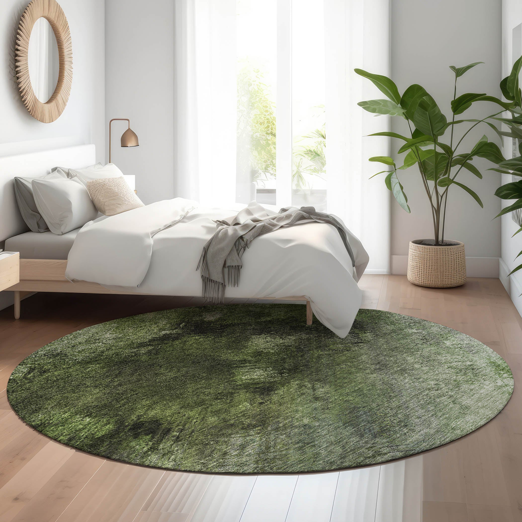 Kyoto Machine Washable Transitional Green Rug 8' x 8' #shape_Round