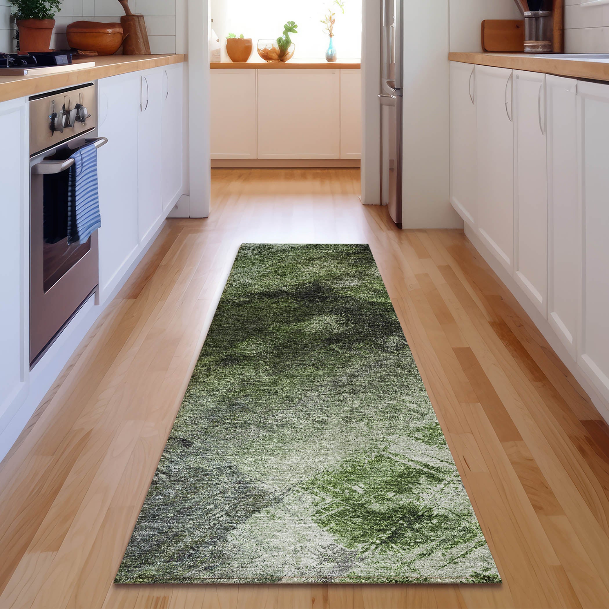 Kyoto Machine Washable Transitional Green Rug 2'3" x 7'6" #shape_Runner