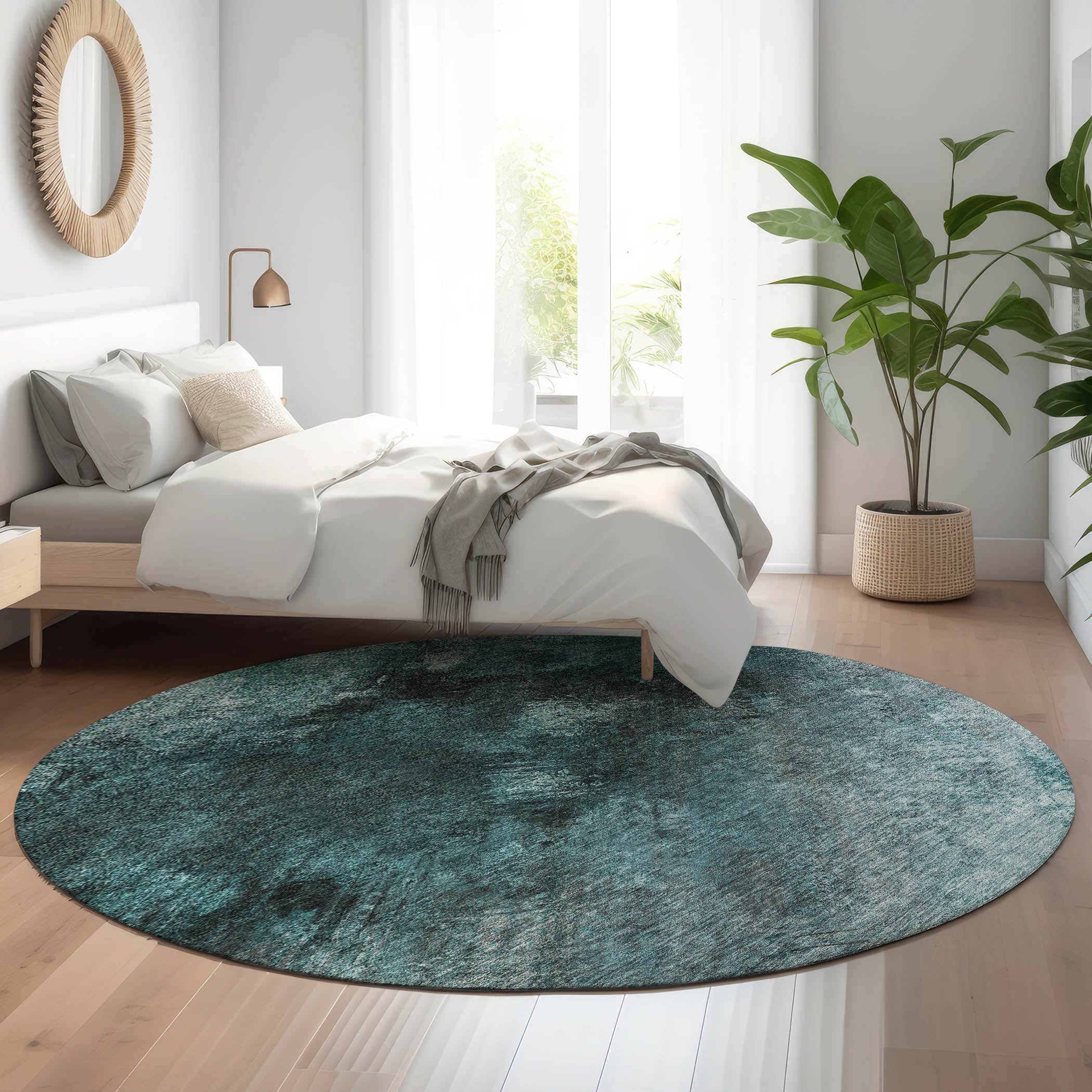 Kyoto Machine Washable Transitional Teal Rug 8' x 8' #shape_Round