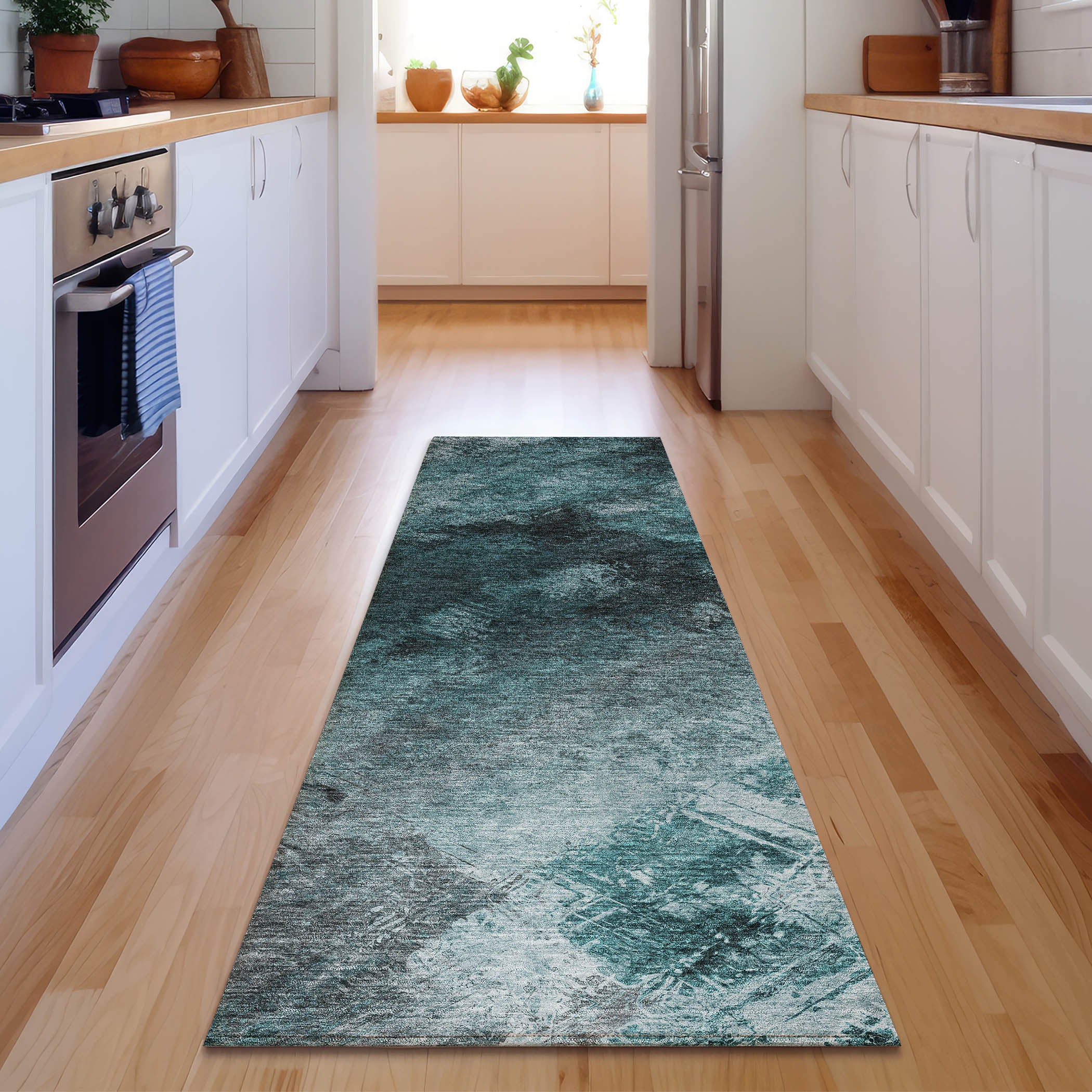 Kyoto Machine Washable Transitional Teal Rug 2'3" x 7'6" #shape_Runner