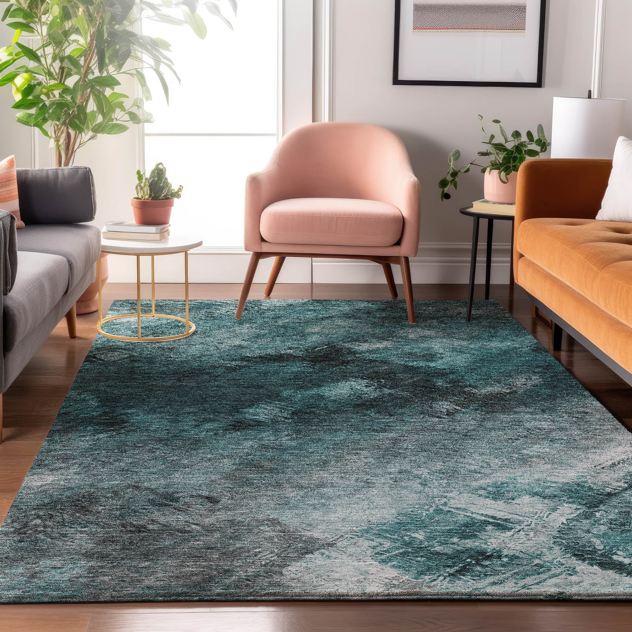 Kyoto Machine Washable Transitional Teal Rug 2'6" x 3'10" #shape_Rectangle