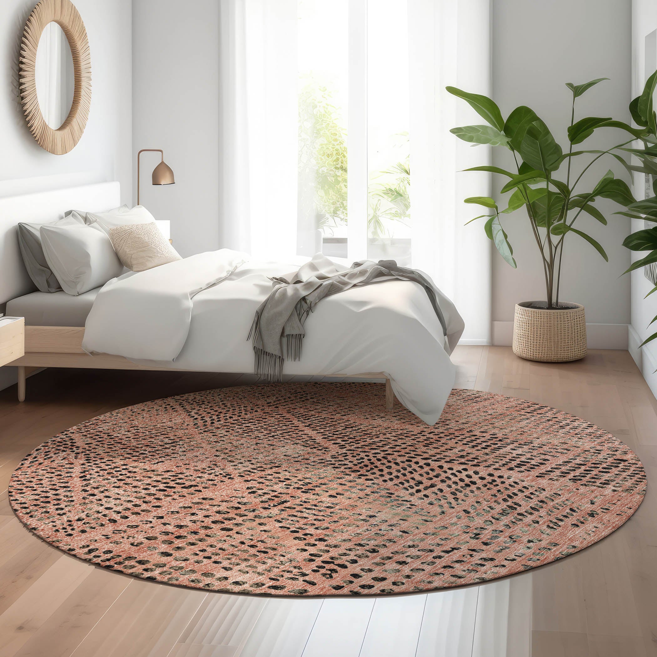 Bern Machine Washable Transitional Salmon Orange Rug 8' x 8' #shape_Round