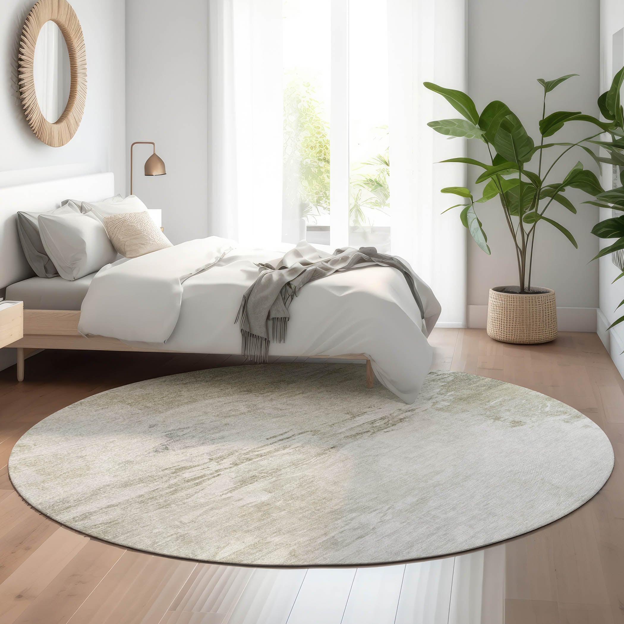 Santorini Machine Washable Transitional Ivory Rug 8' x 8' #shape_Round