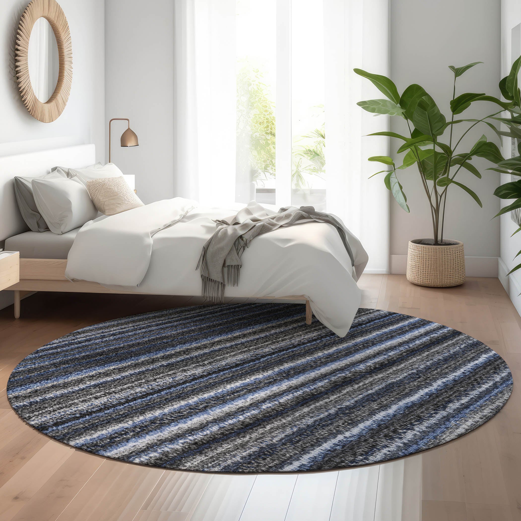 Zanzibar Machine Washable Transitional Blue Rug 8' x 8' #shape_Round
