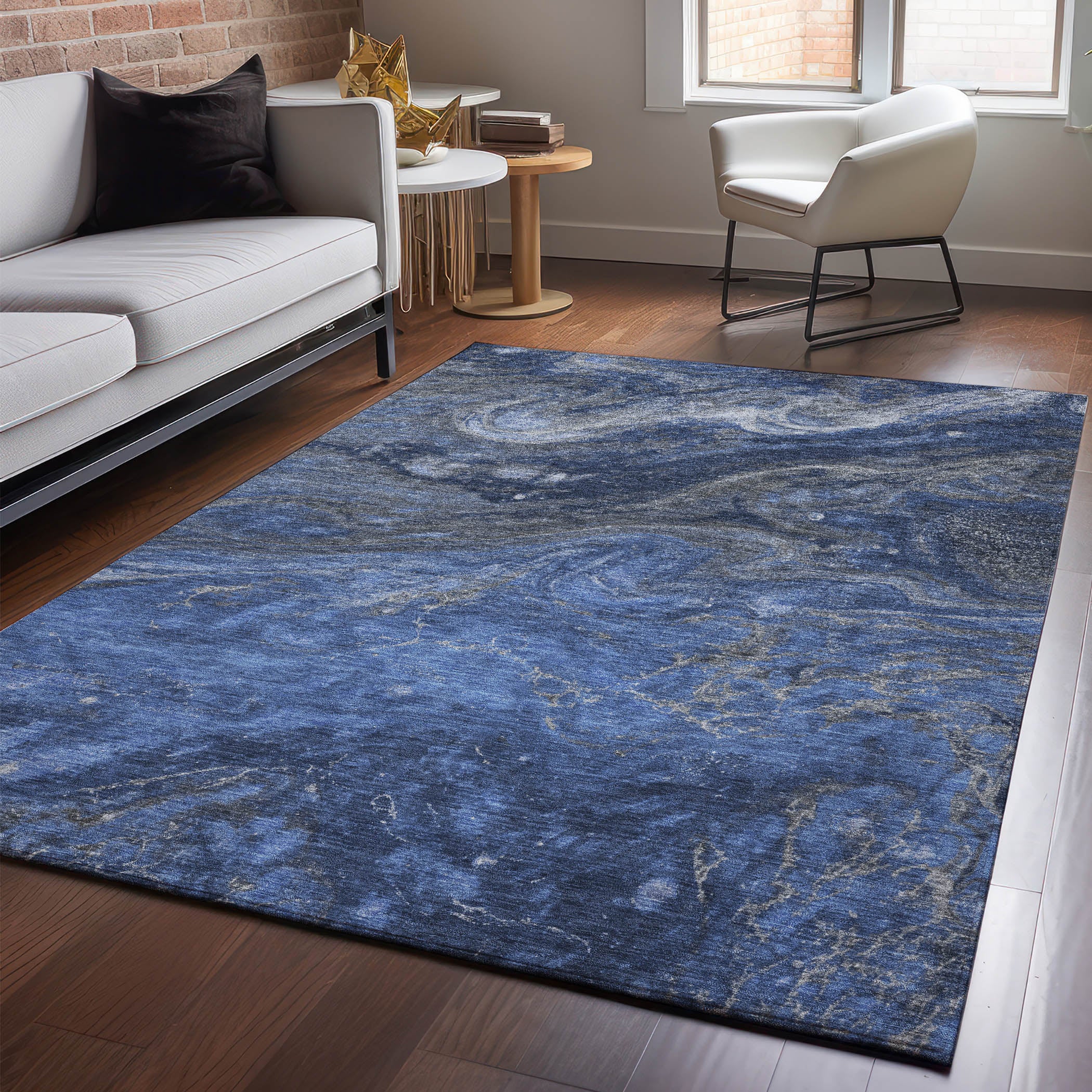 Siena Machine Washable Transitional Blue Rug 2'6" x 3'10" #shape_Rectangle