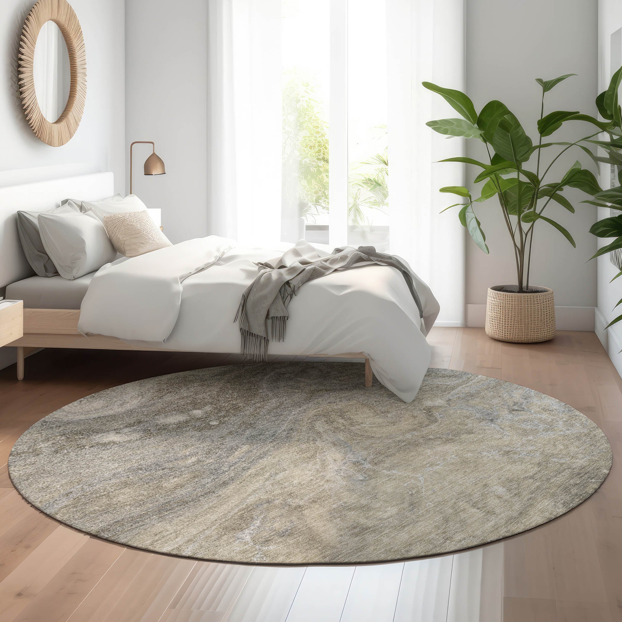 Siena Machine Washable Transitional Taupe Brown Rug 8' x 8' #shape_Round
