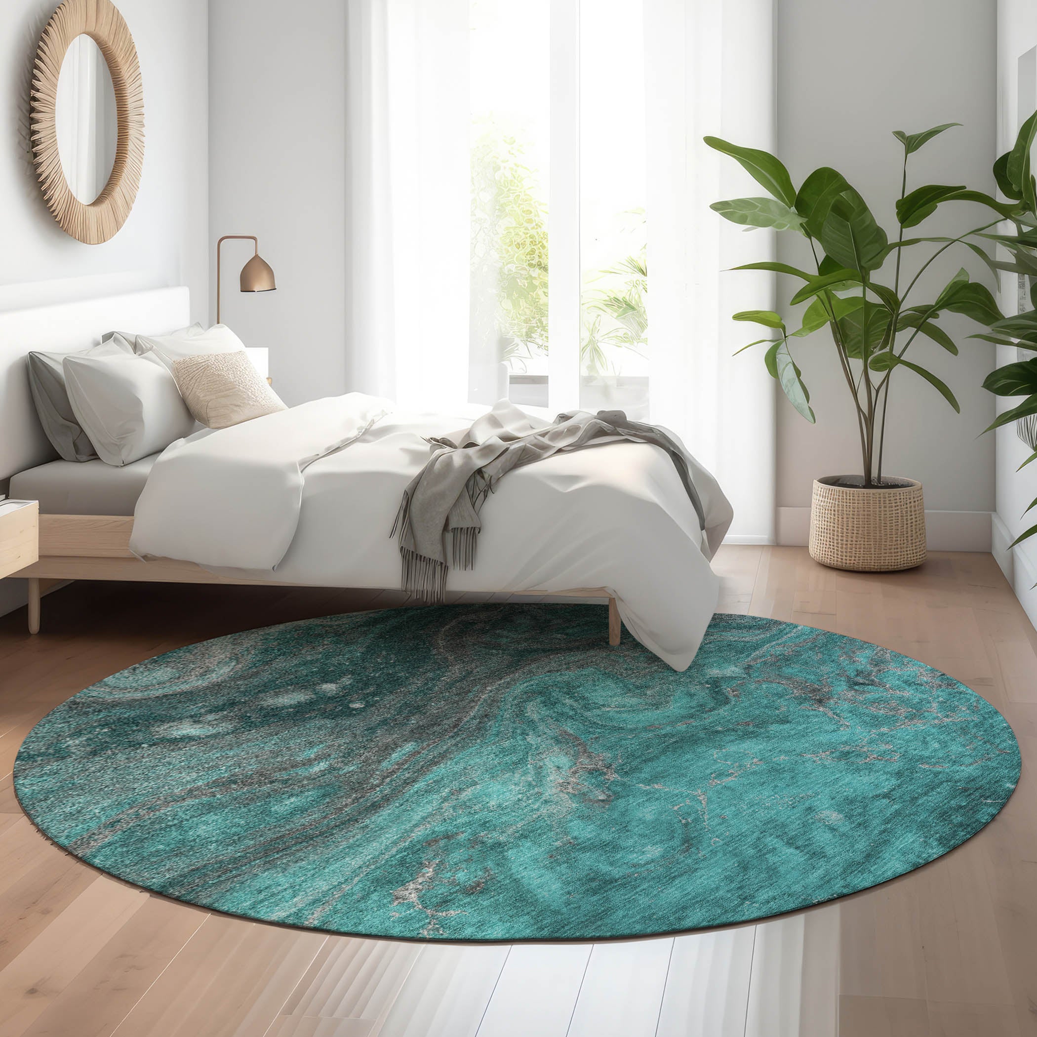 Siena Machine Washable Transitional Teal Rug 8' x 8' #shape_Round
