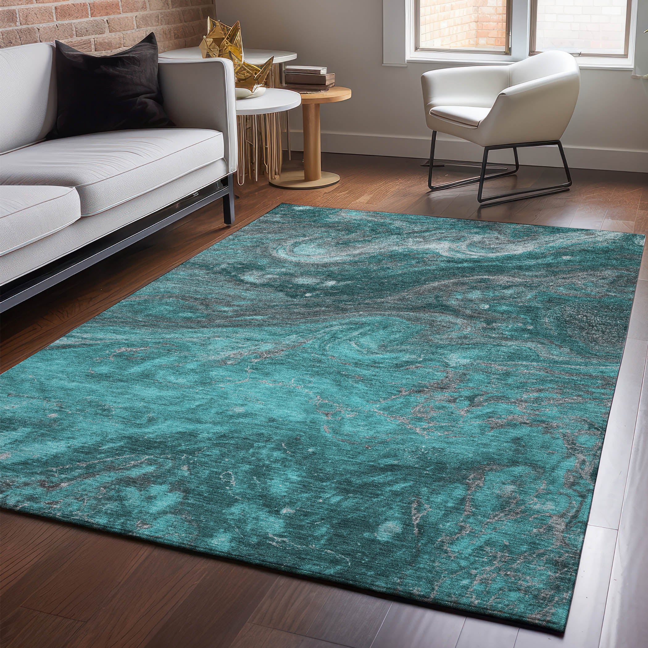 Siena Machine Washable Transitional Teal Rug 2'6" x 3'10" #shape_Rectangle