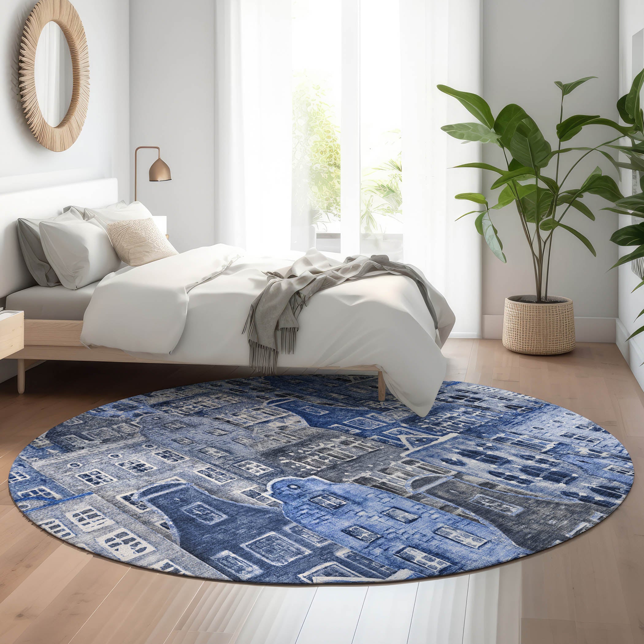 Lucerne Machine Washable Transitional Blue Rug 8' x 8' #shape_Round