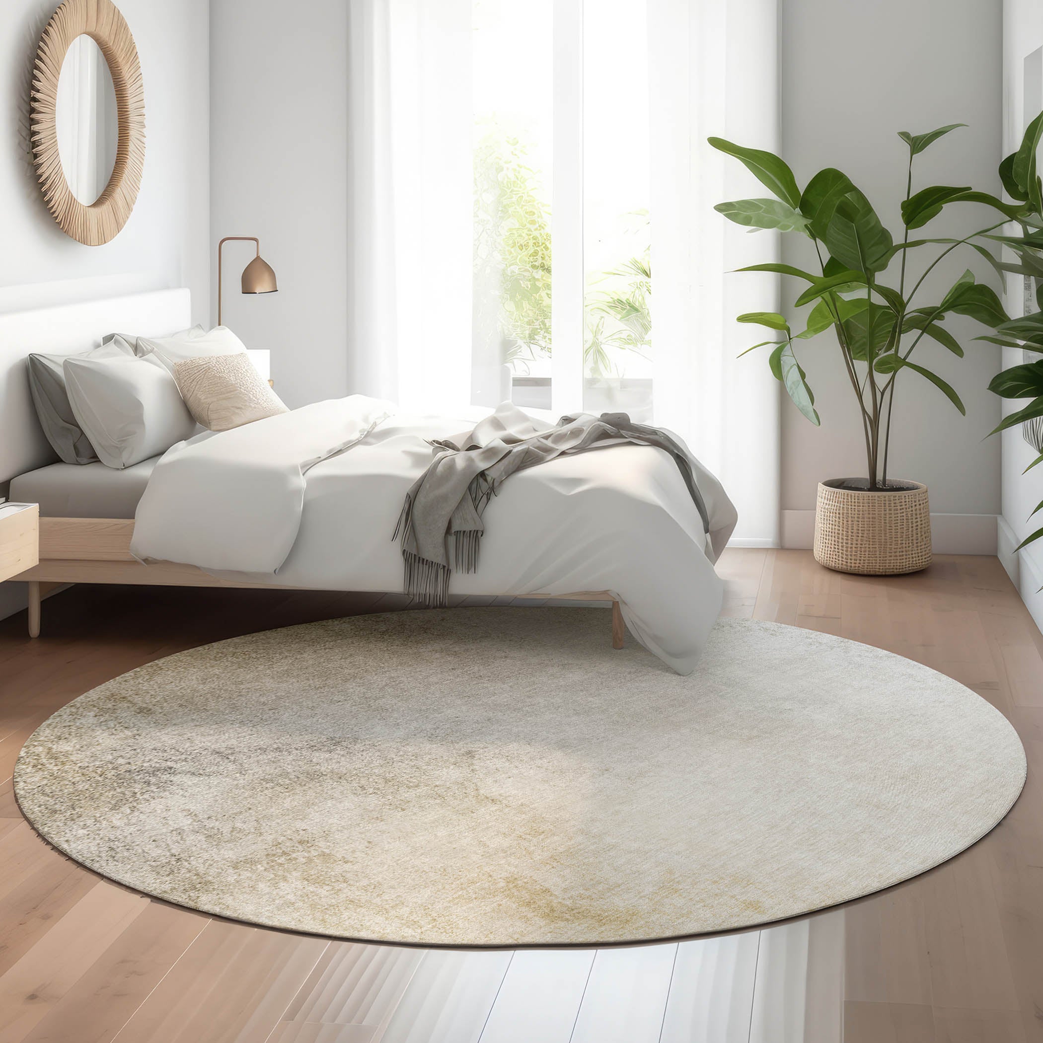 Queenstown Machine Washable Transitional Taupe Brown Rug 8' x 8' #shape_Round