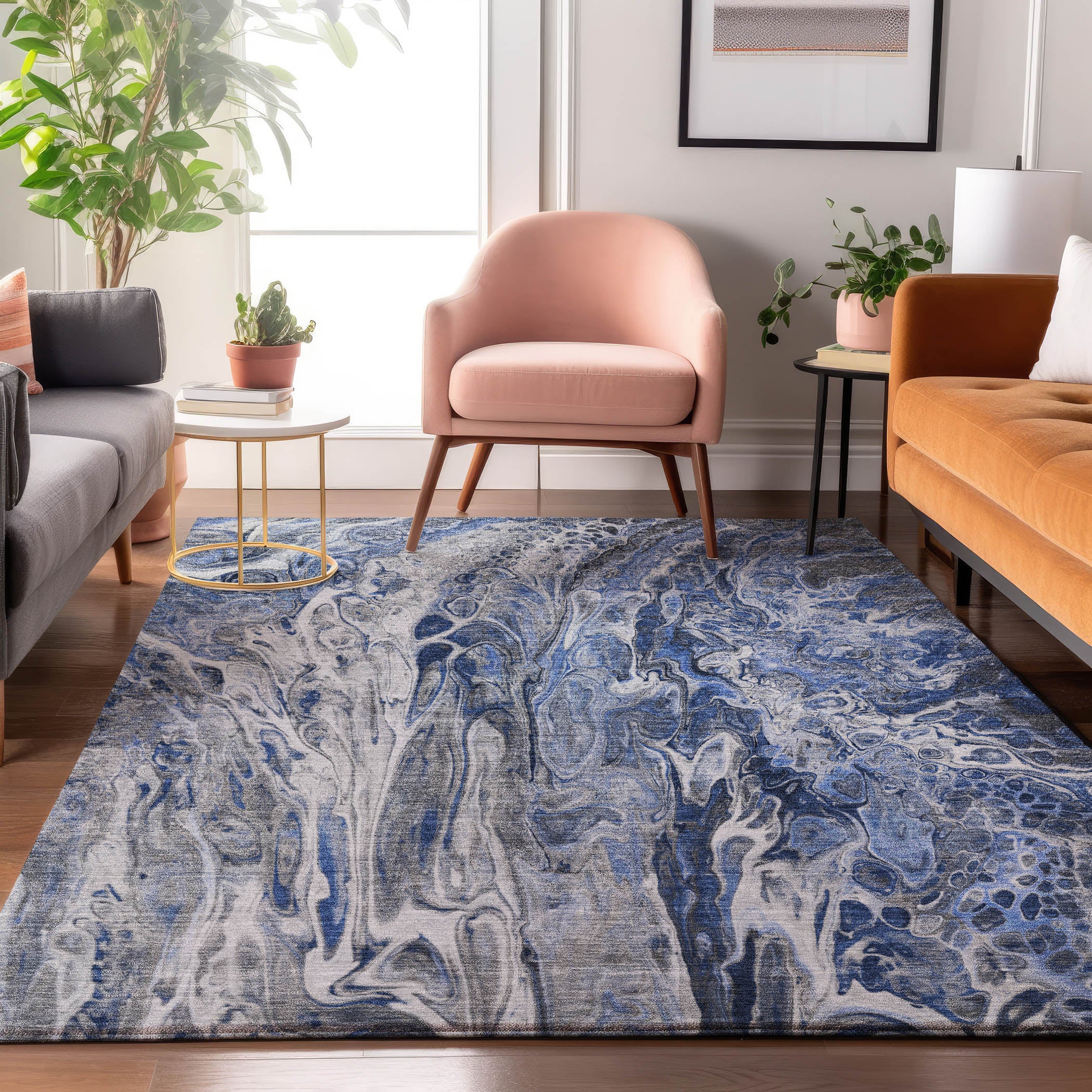 Tallinn Machine Washable Contemporary Blue Rug 2'6" x 3'10" #shape_Rectangle