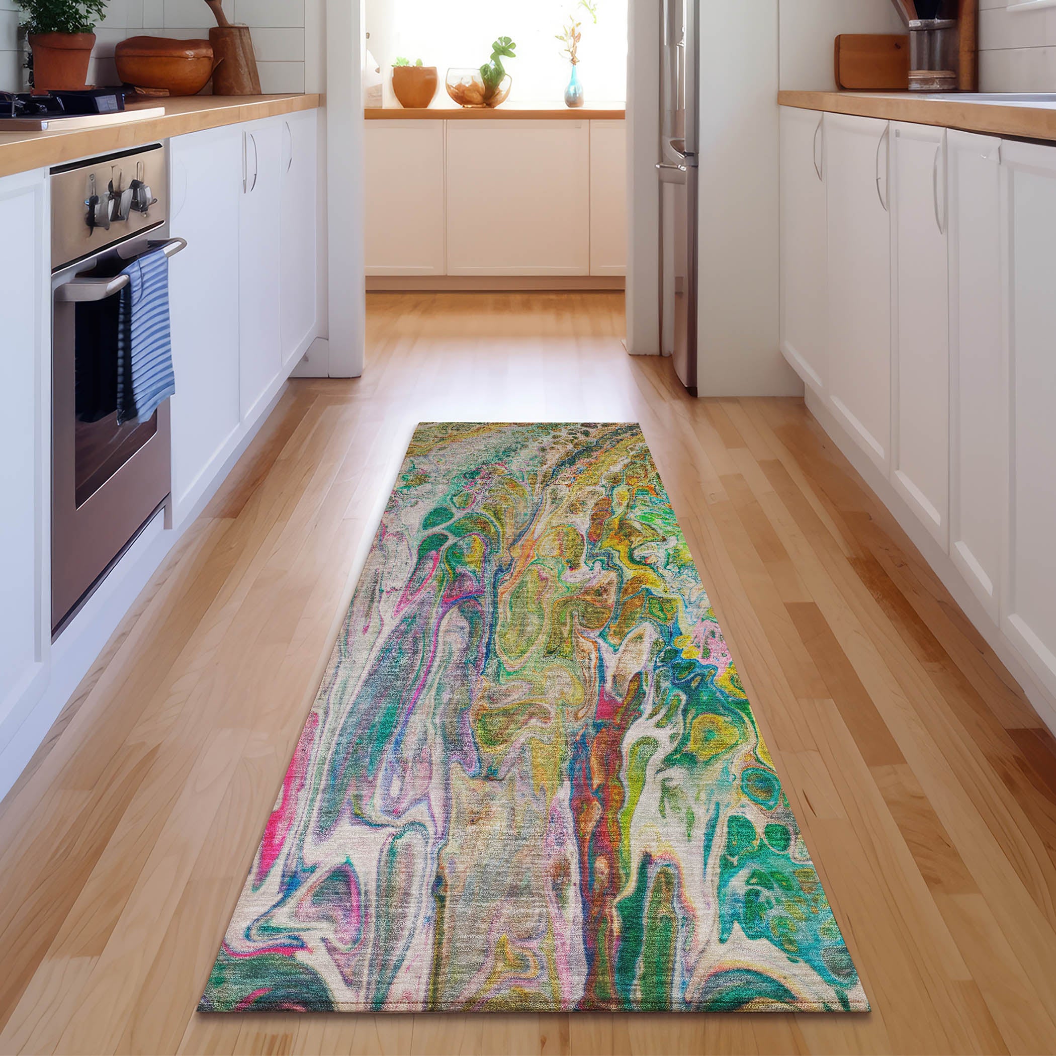 Tallinn Machine Washable Contemporary Green Rug 2'3" x 7'6" #shape_Runner