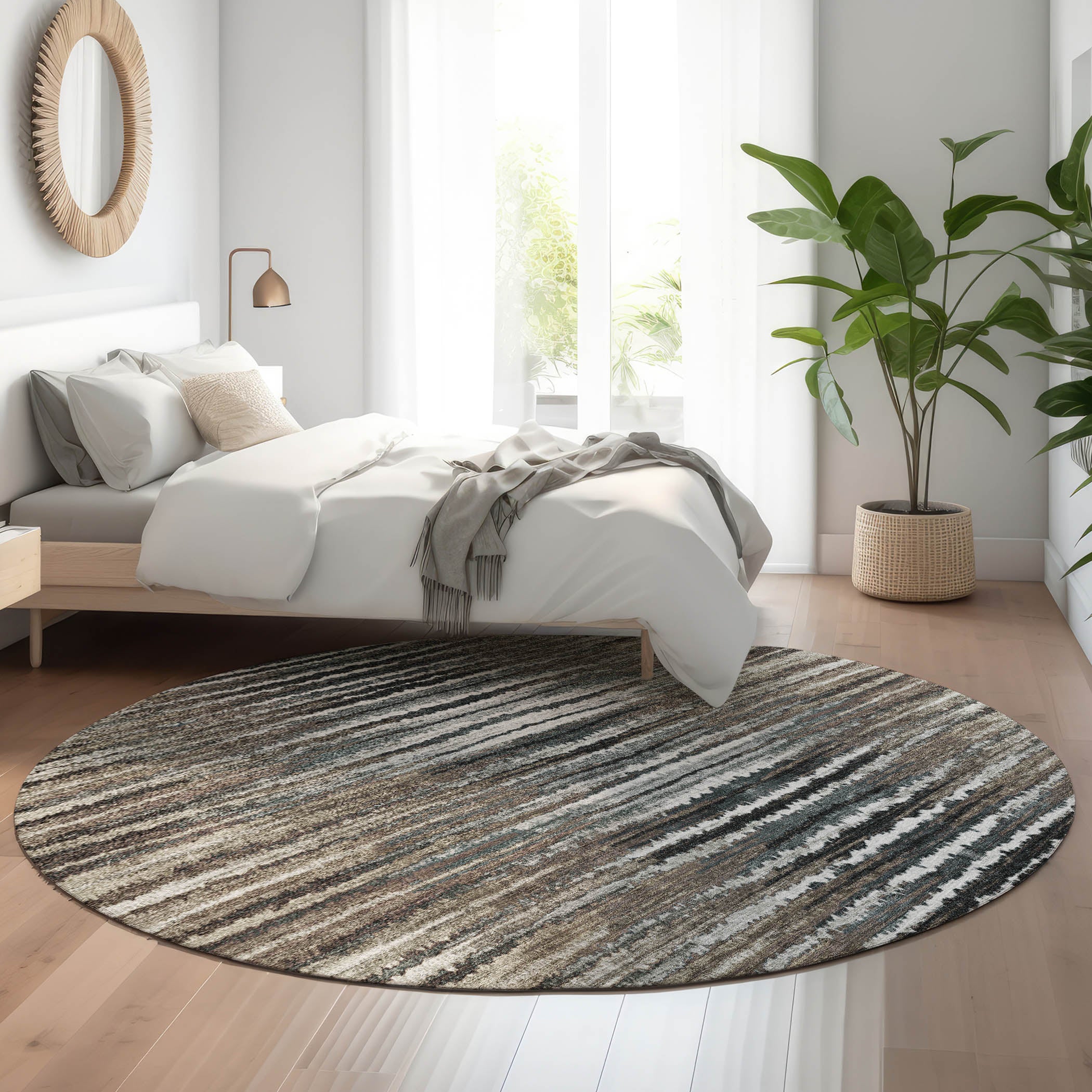 Antigua Machine Washable Traditional Brown Rug 8' x 8' #shape_Round