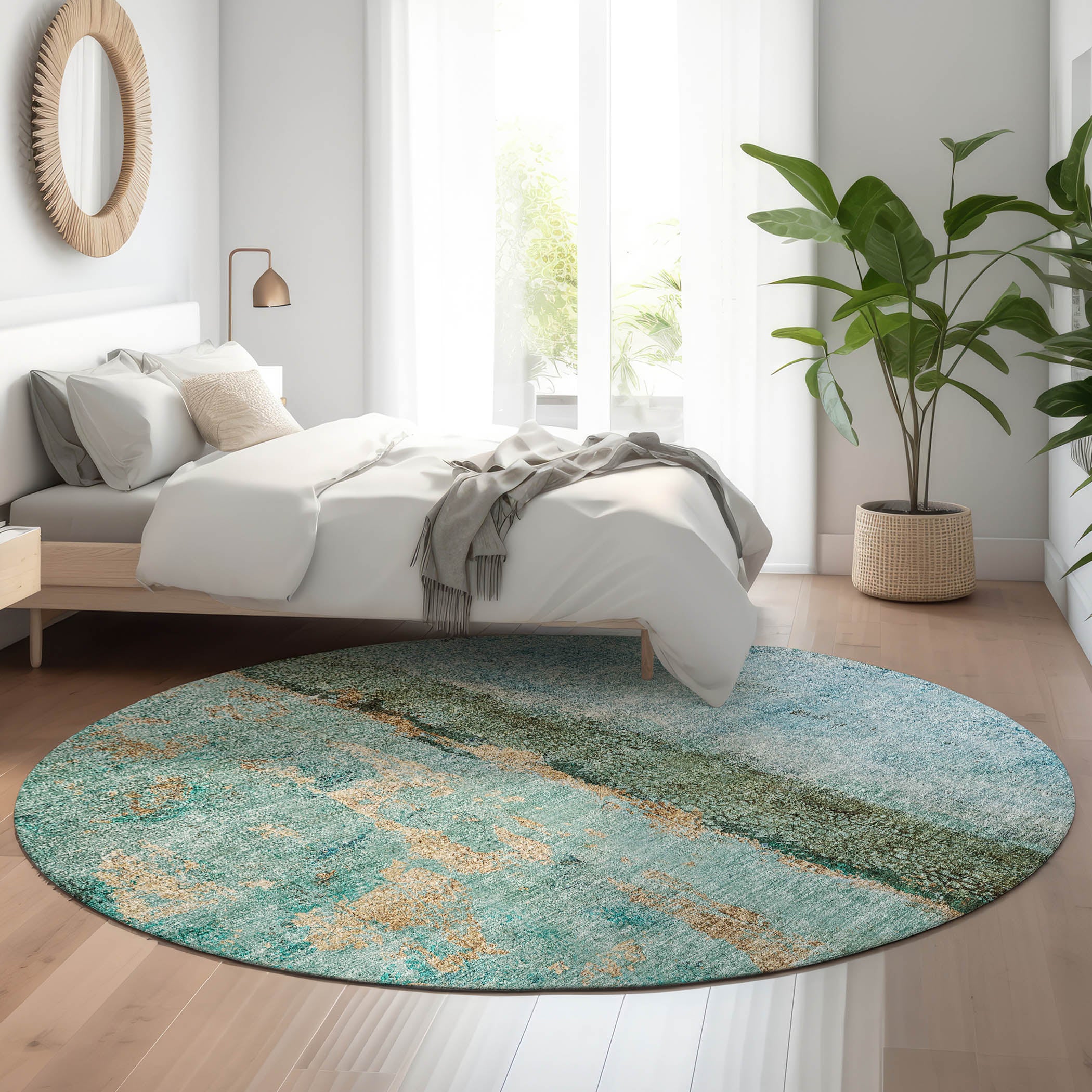 Luang Prabang Machine Washable Transitional Blue Rug 8' x 8' #shape_Round