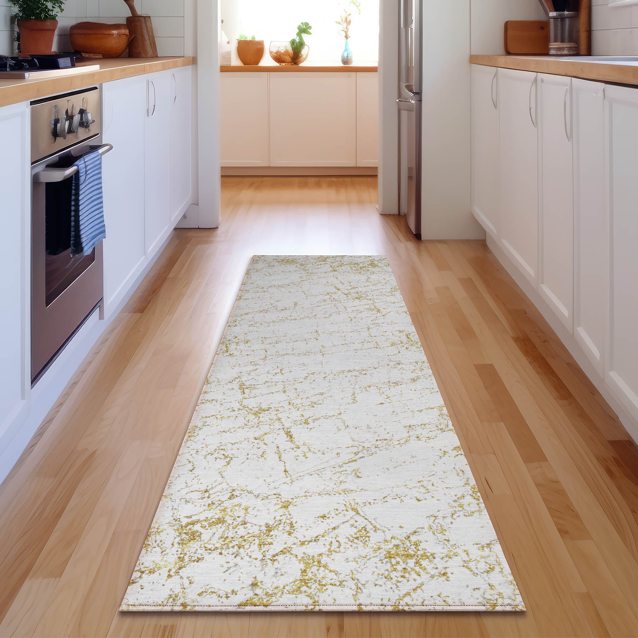 Porto Machine Washable Transitional Gold Rug 2'3" x 7'6" #shape_Runner
