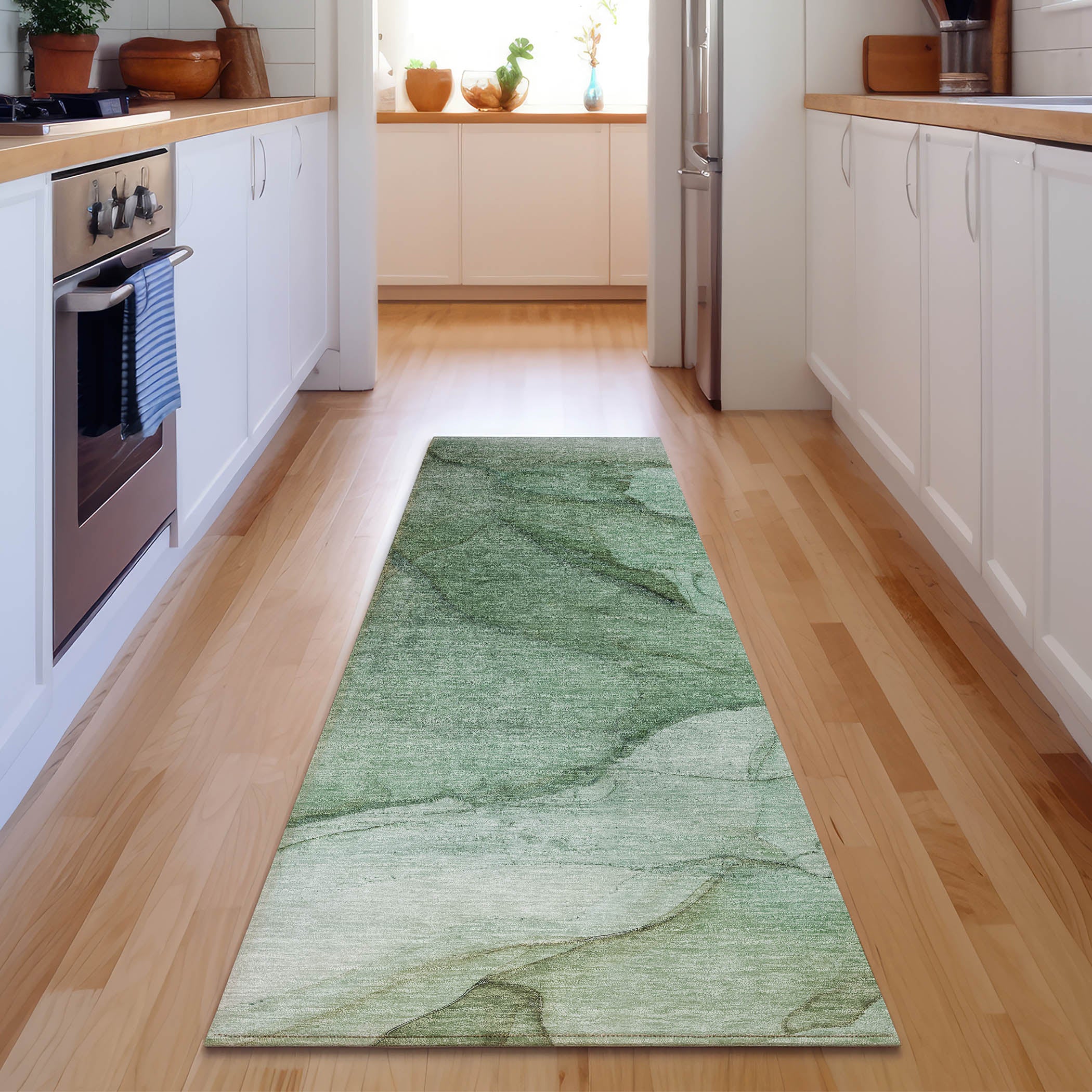 Bogota Machine Washable Transitional Green Rug 2'3" x 7'6" #shape_Runner