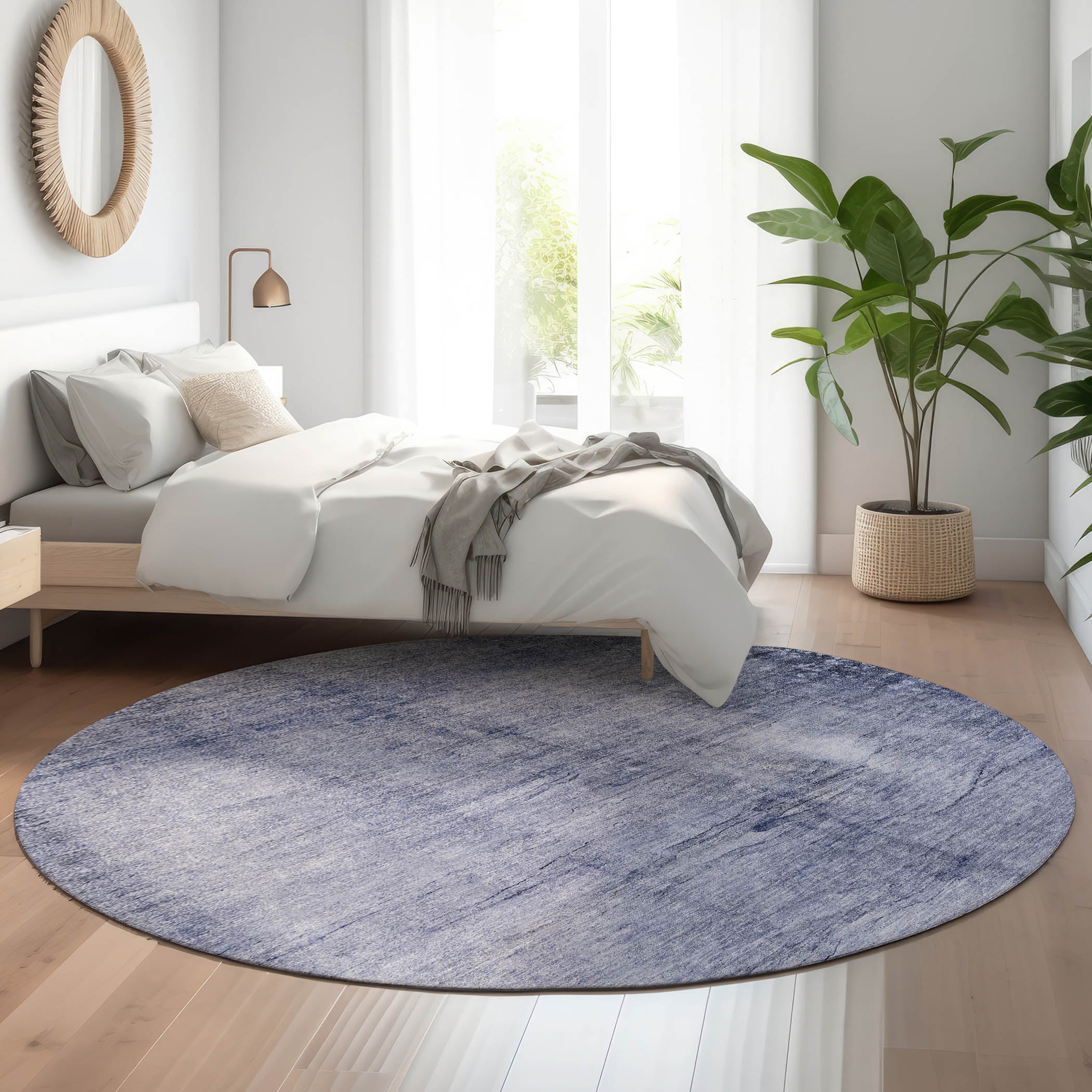 Hoi An Machine Washable Transitional Navy Blue Rug 8' x 8' #shape_Round