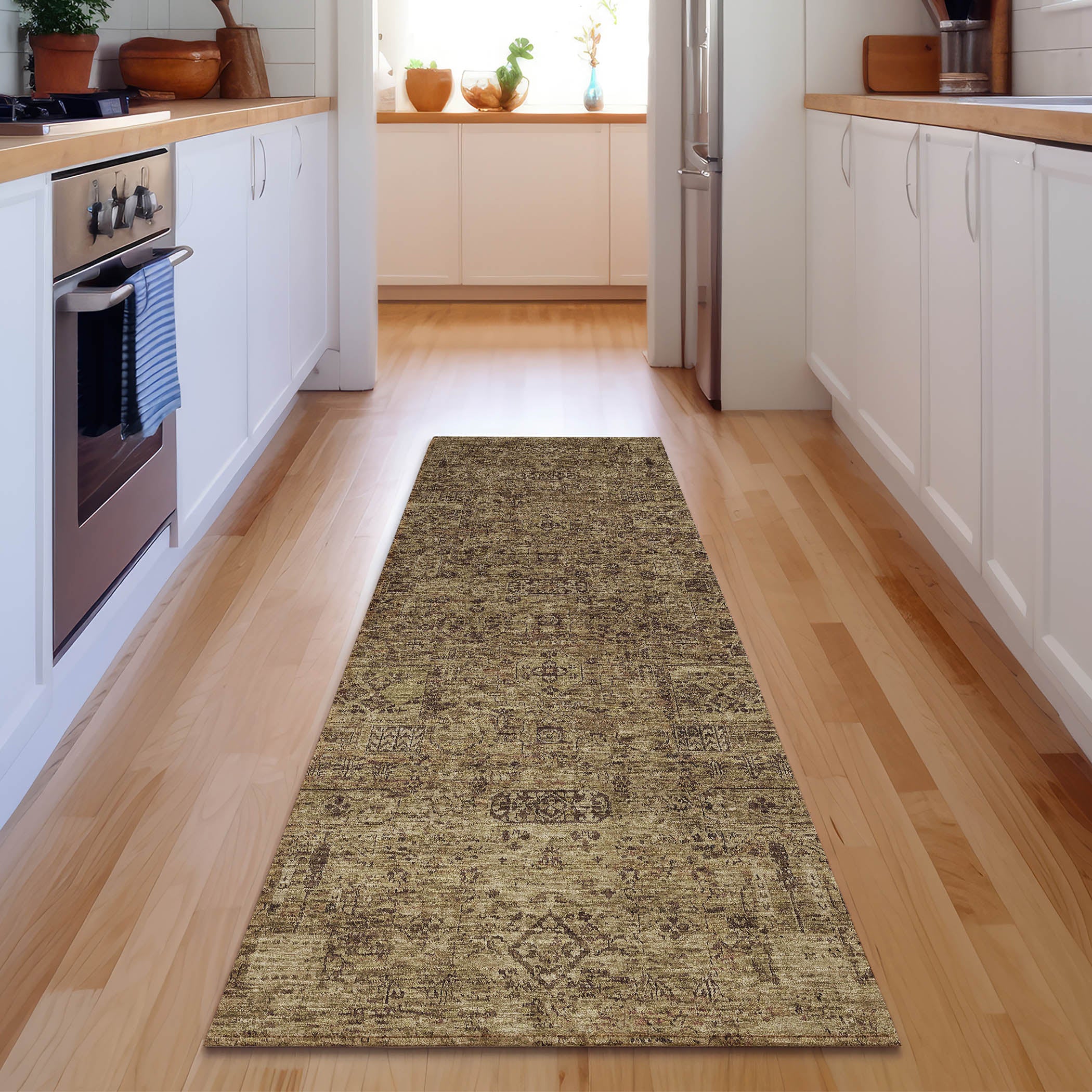 Antigua Machine Washable Transitional Mocha Brown Rug 2'3" x 7'6" #shape_Runner