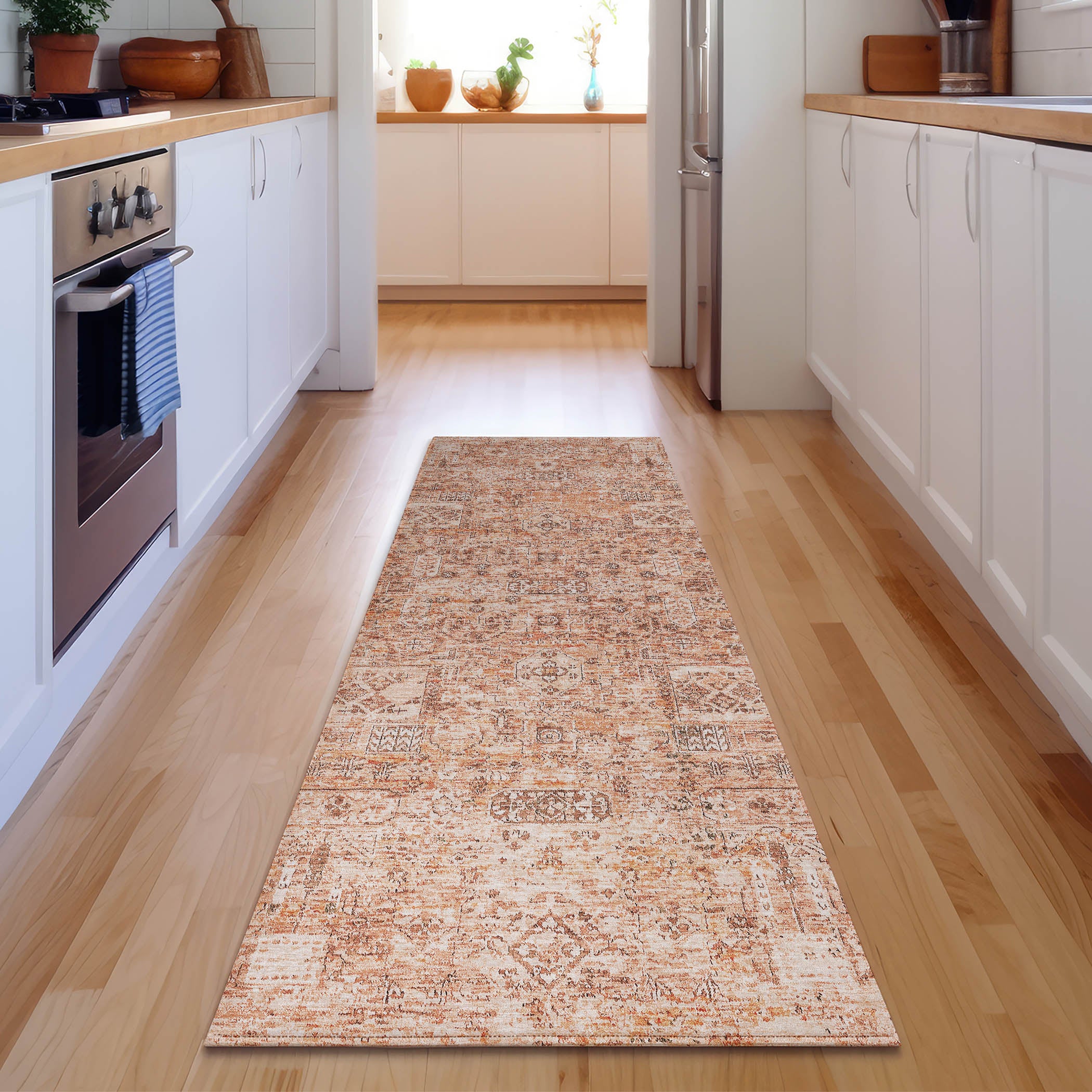Antigua Machine Washable Transitional Salmon Orange Rug 2'3" x 7'6" #shape_Runner