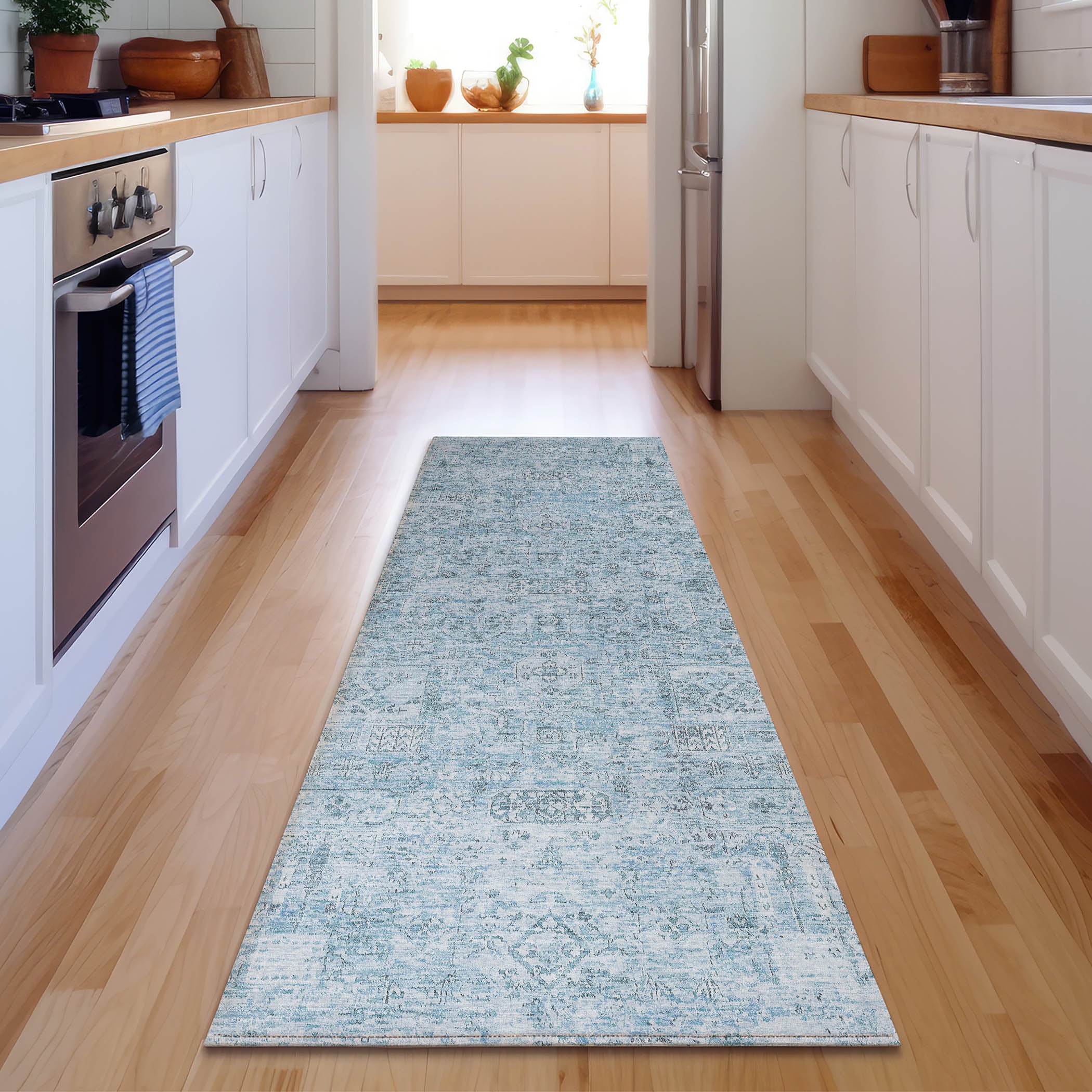 Antigua Machine Washable Transitional Sky Blue Rug 2'3" x 7'6" #shape_Runner