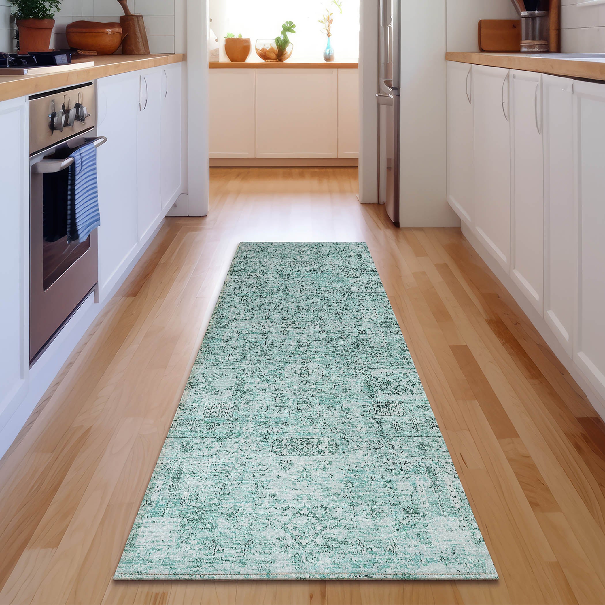 Antigua Machine Washable Transitional Teal Rug 2'3" x 7'6" #shape_Runner