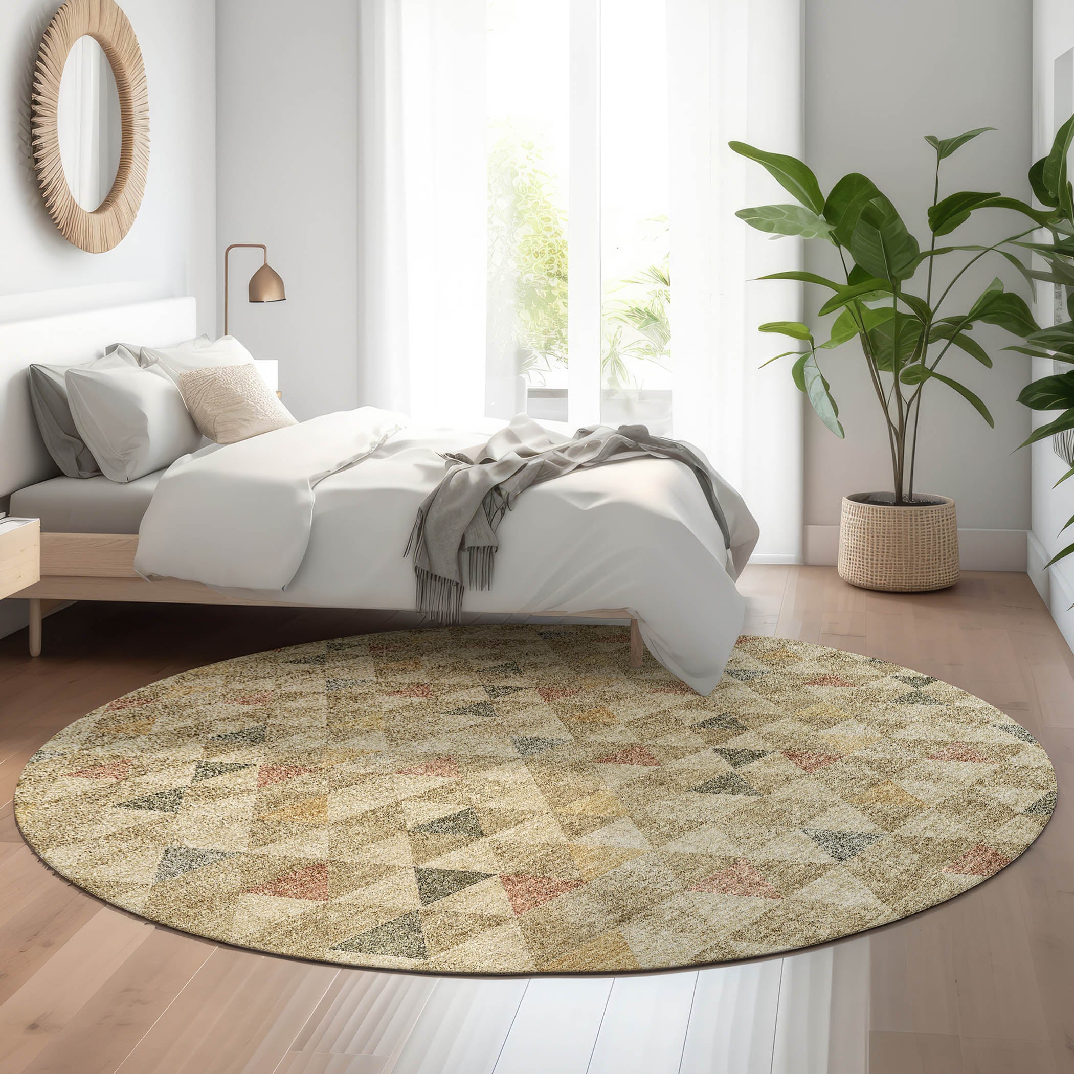 Lima Machine Washable Transitional Beige Brown Rug 8' x 8' #shape_Round