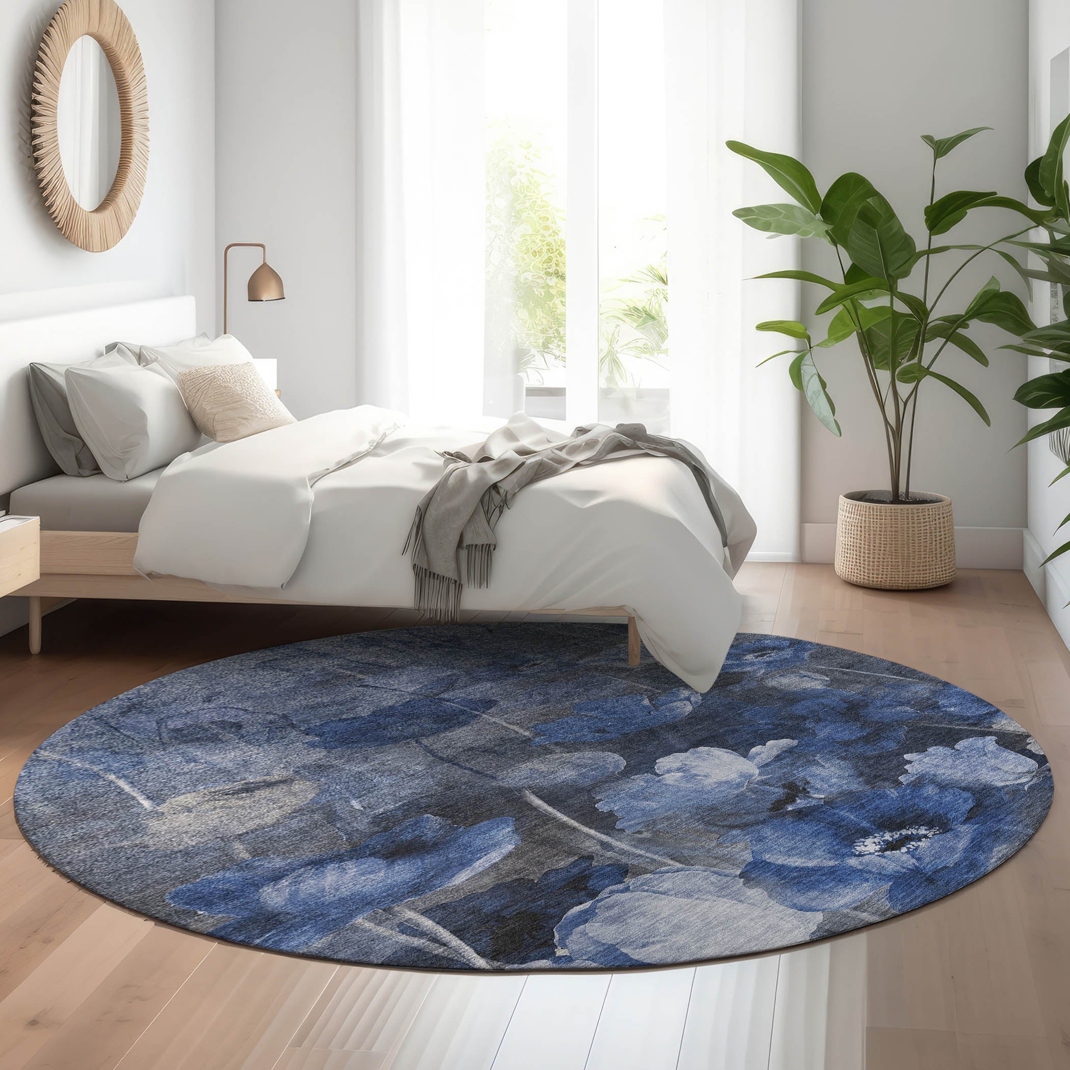 Bern Machine Washable Transitional Blue Rug 8' x 8' #shape_Round