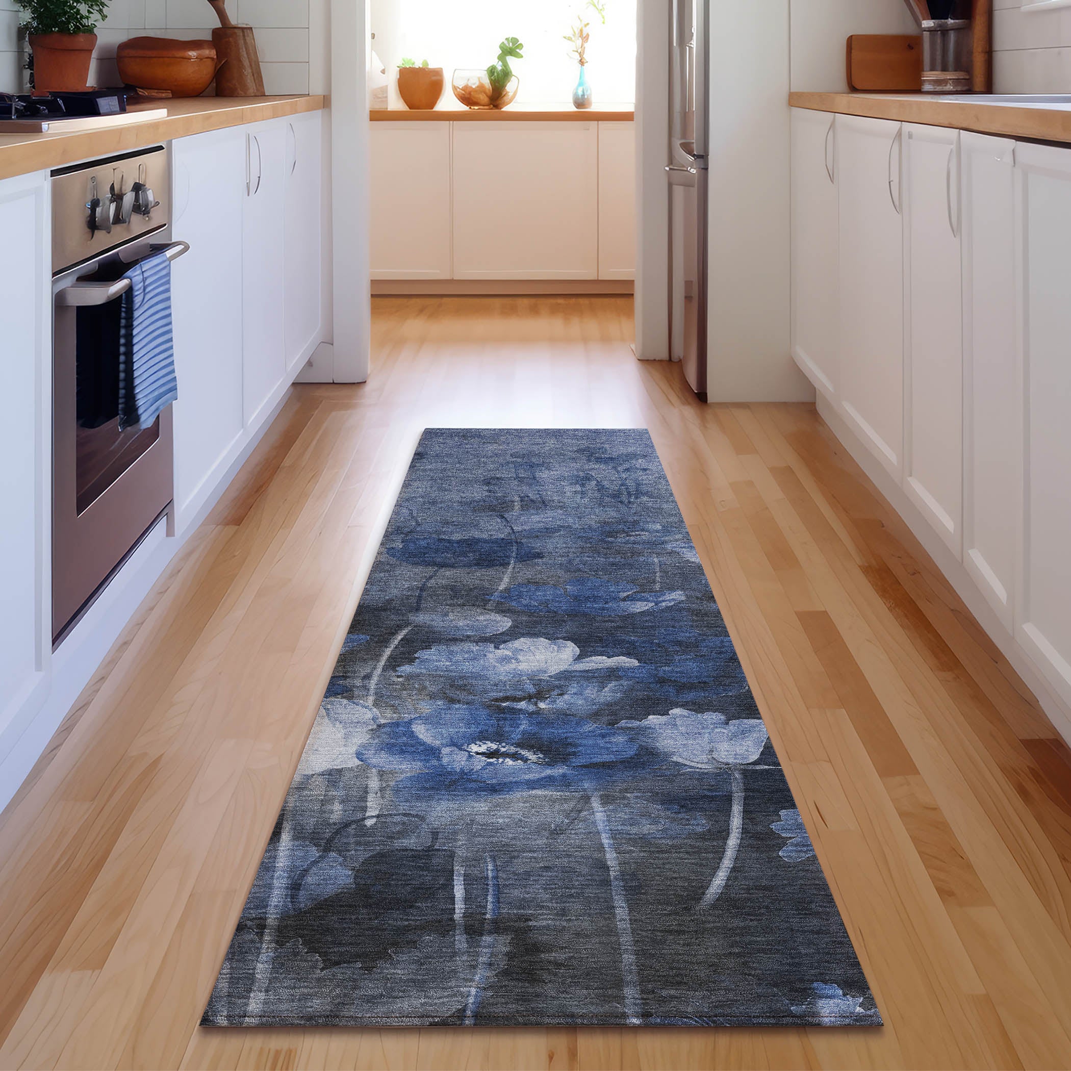 Bern Machine Washable Transitional Blue Rug 2'3" x 7'6" #shape_Runner