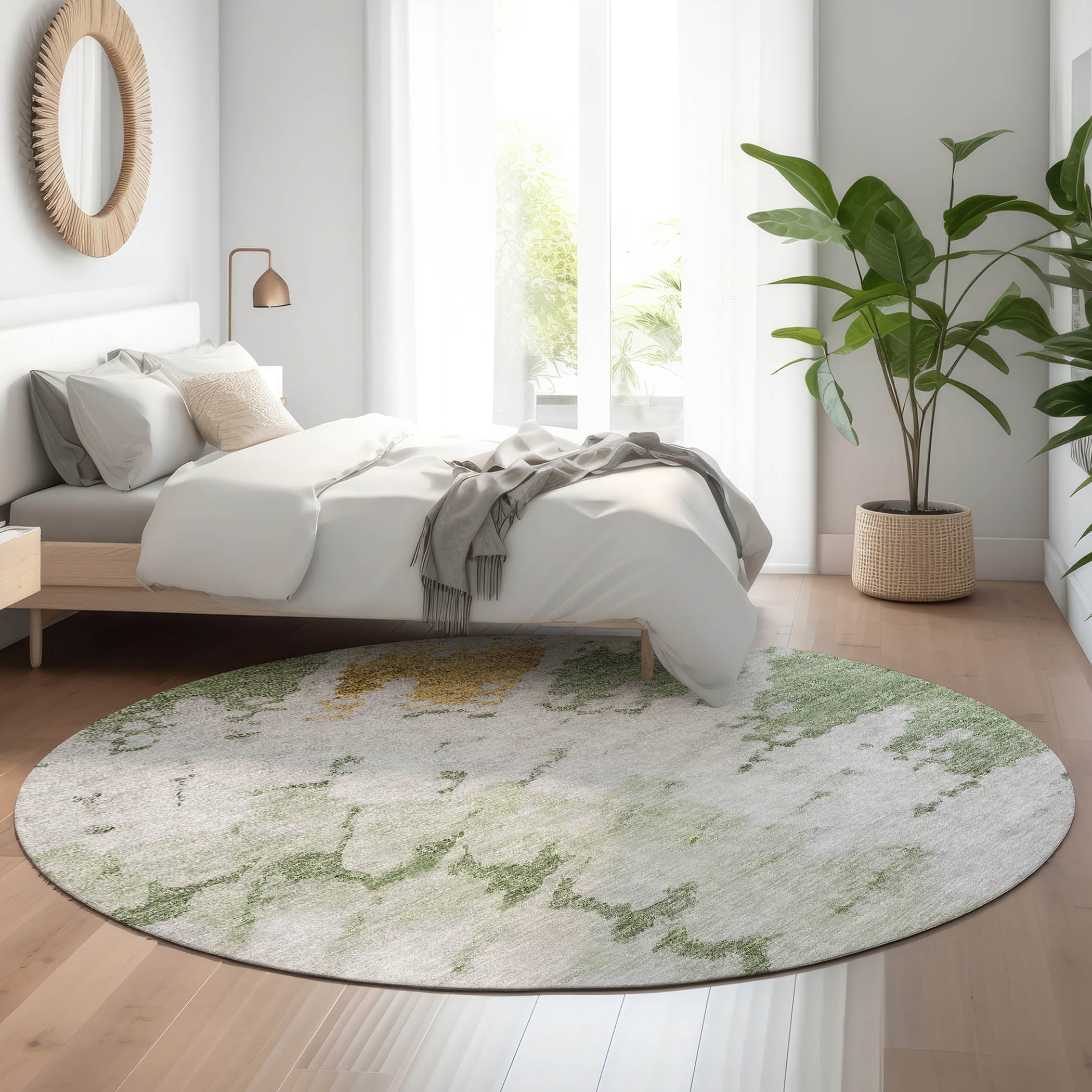 Lucerne Machine Washable Transitional Aloe Green Rug 8' x 8' #shape_Round