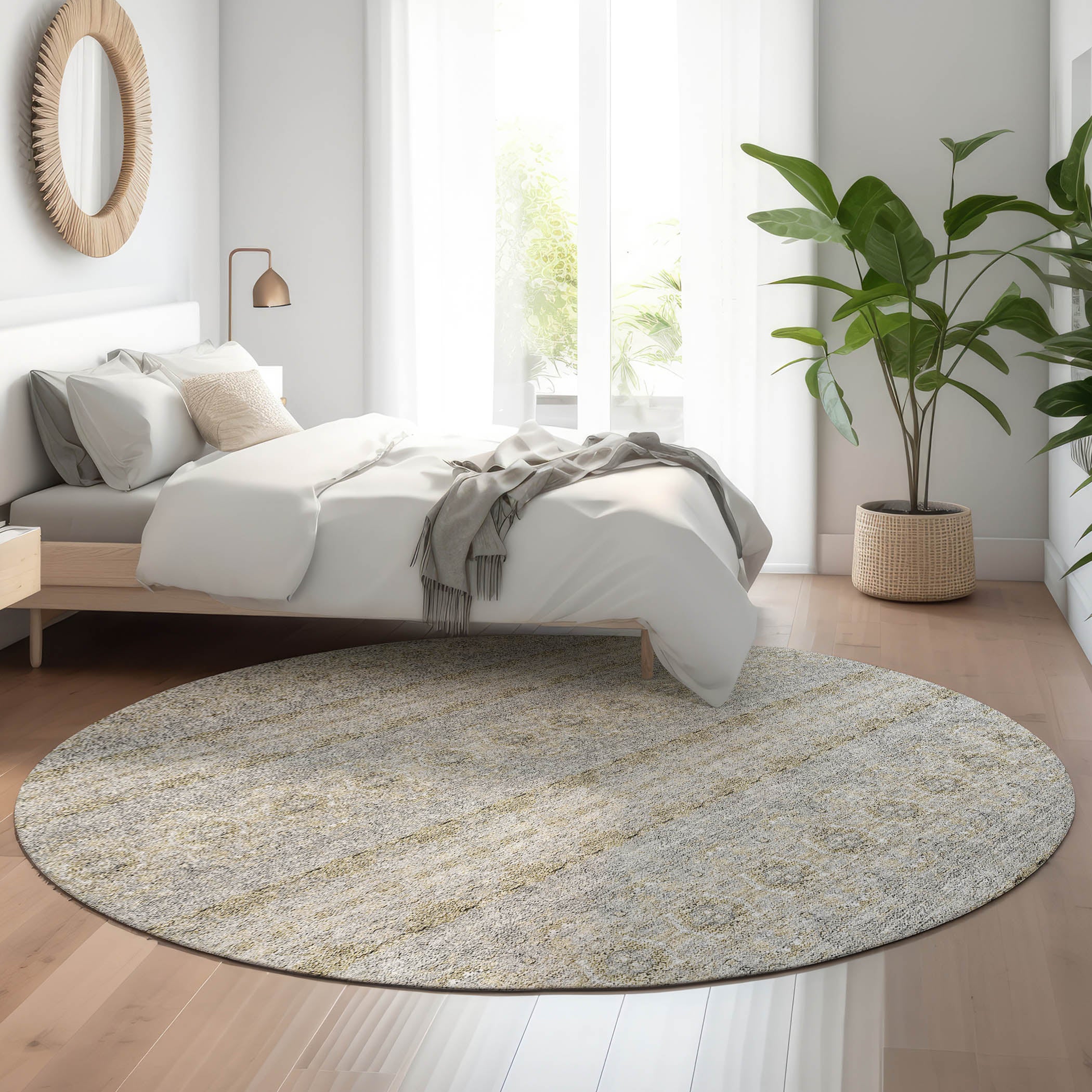 Marrakech Machine Washable Transitional Silver Gray Rug 8' x 8' #shape_Round