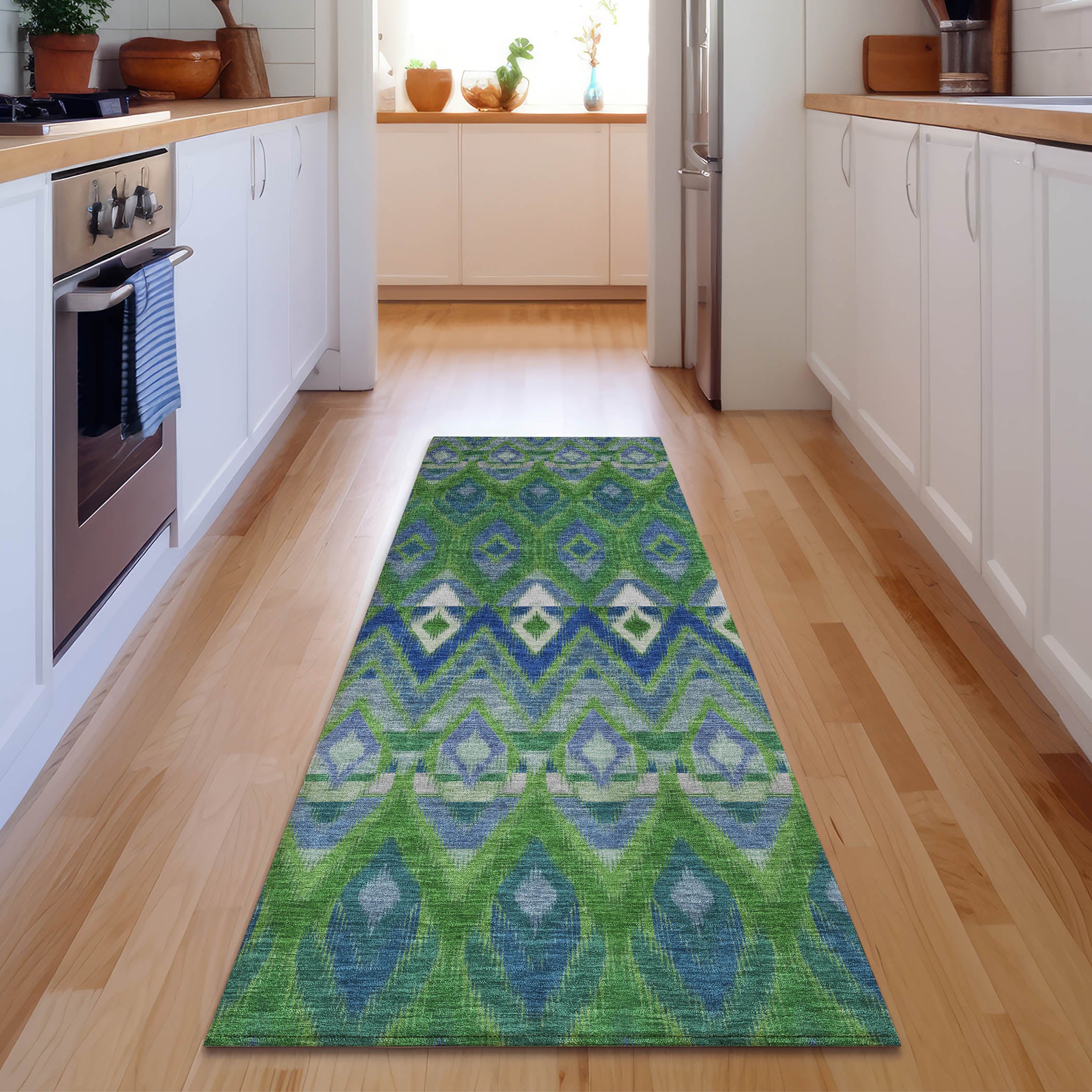 Bogota Machine Washable Transitional Green Rug 2'3" x 7'6" #shape_Runner