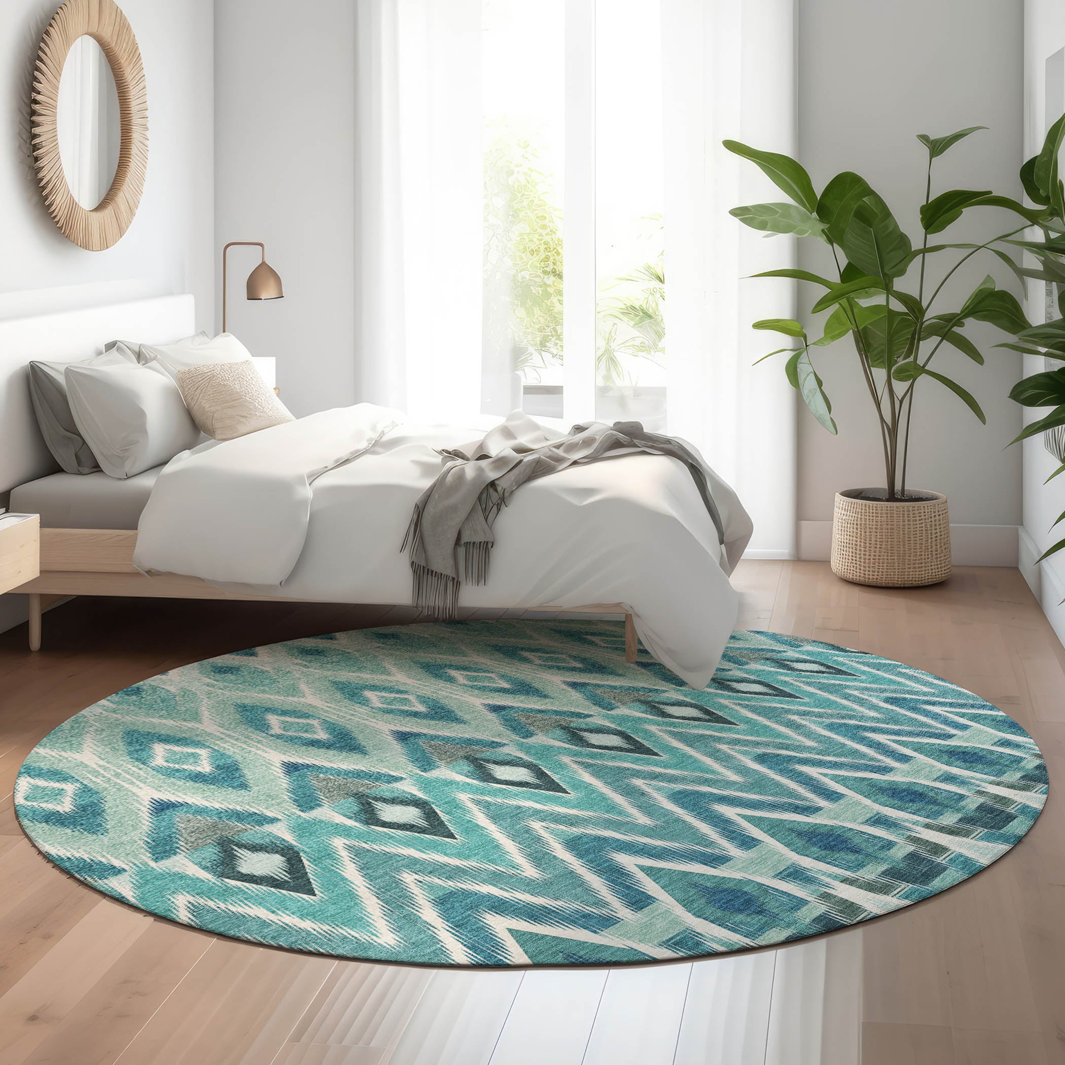 Bogota Machine Washable Transitional Teal Rug 8' x 8' #shape_Round