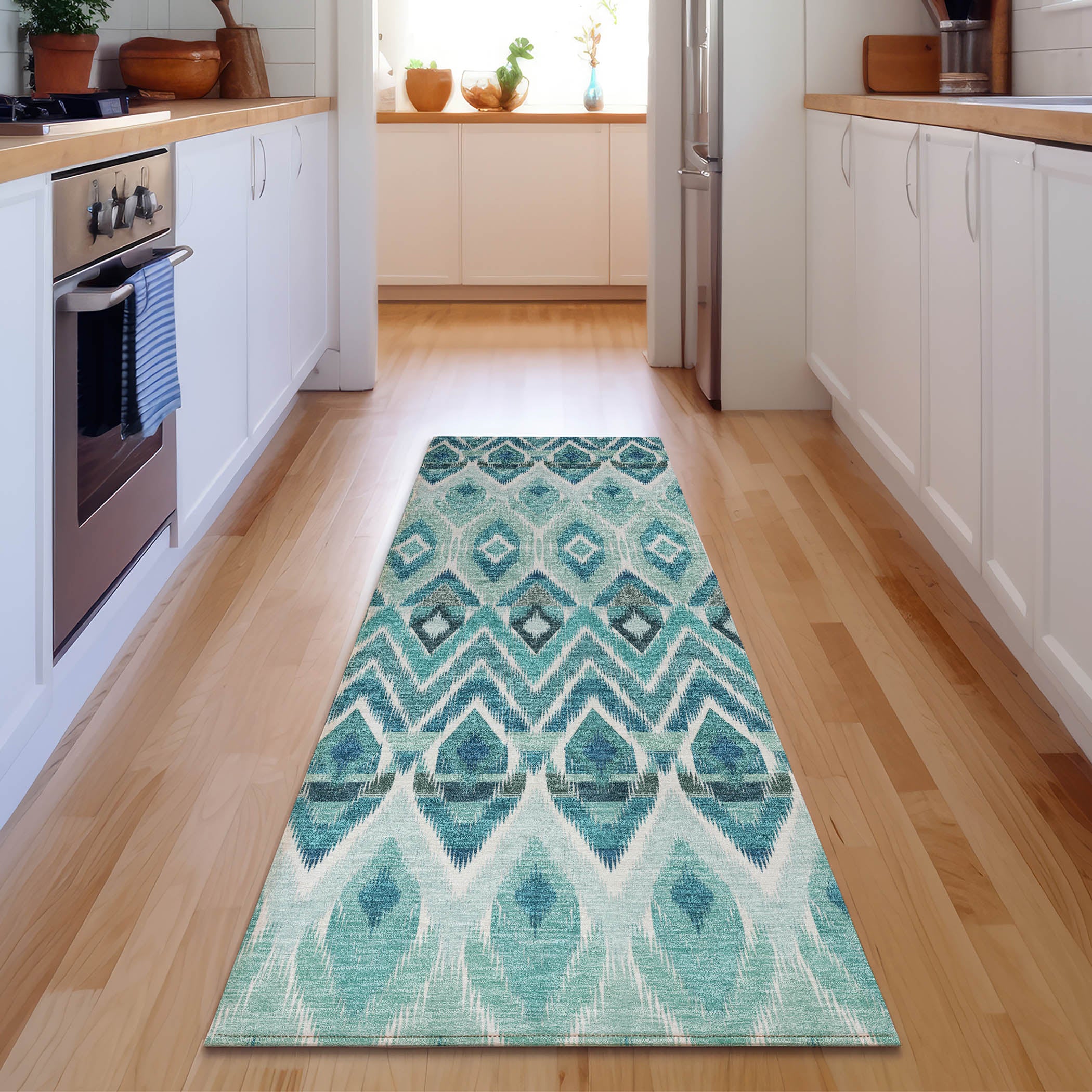 Bogota Machine Washable Transitional Teal Rug 2'3" x 7'6" #shape_Runner
