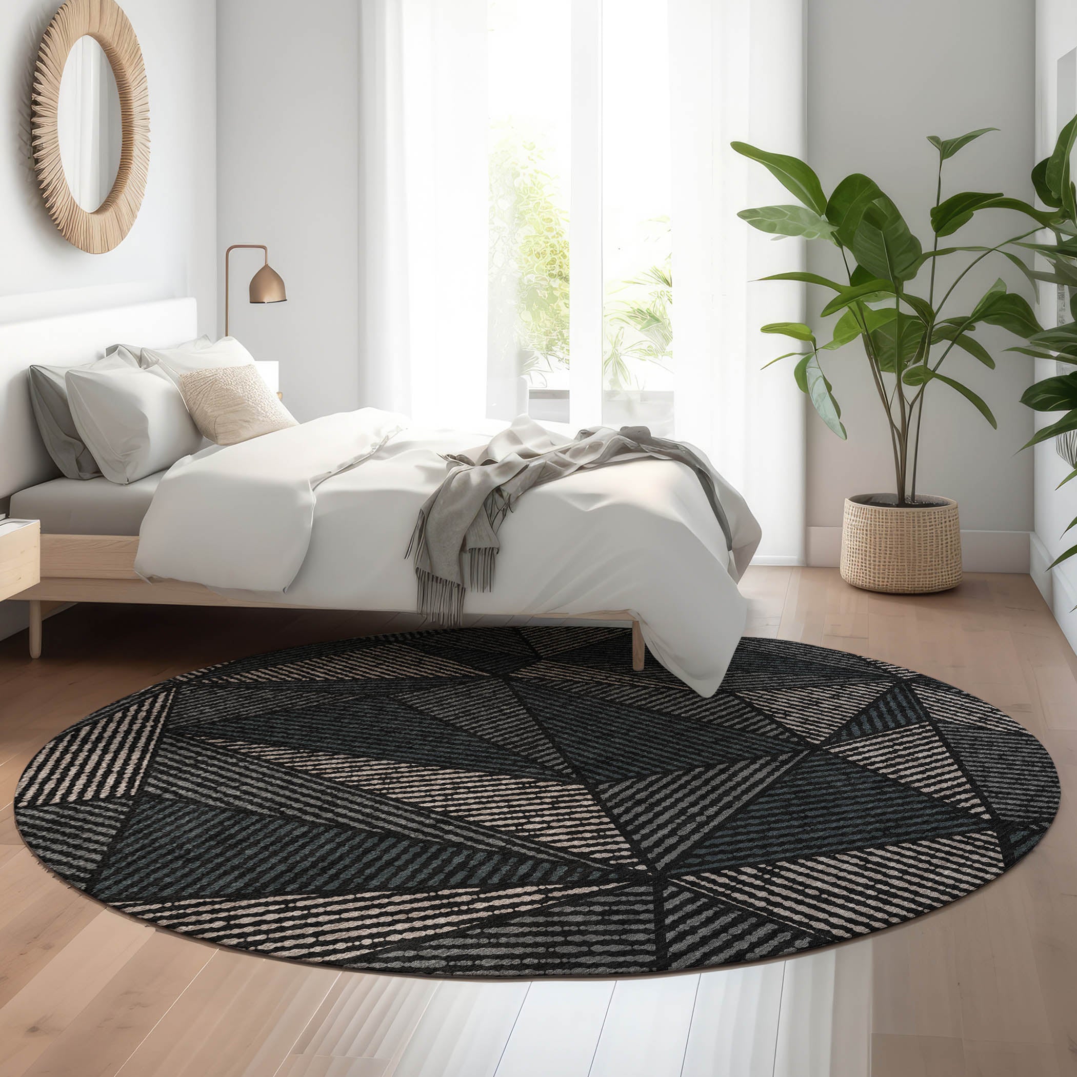Valletta Machine Washable Transitional Black Rug 8' x 8' #shape_Round