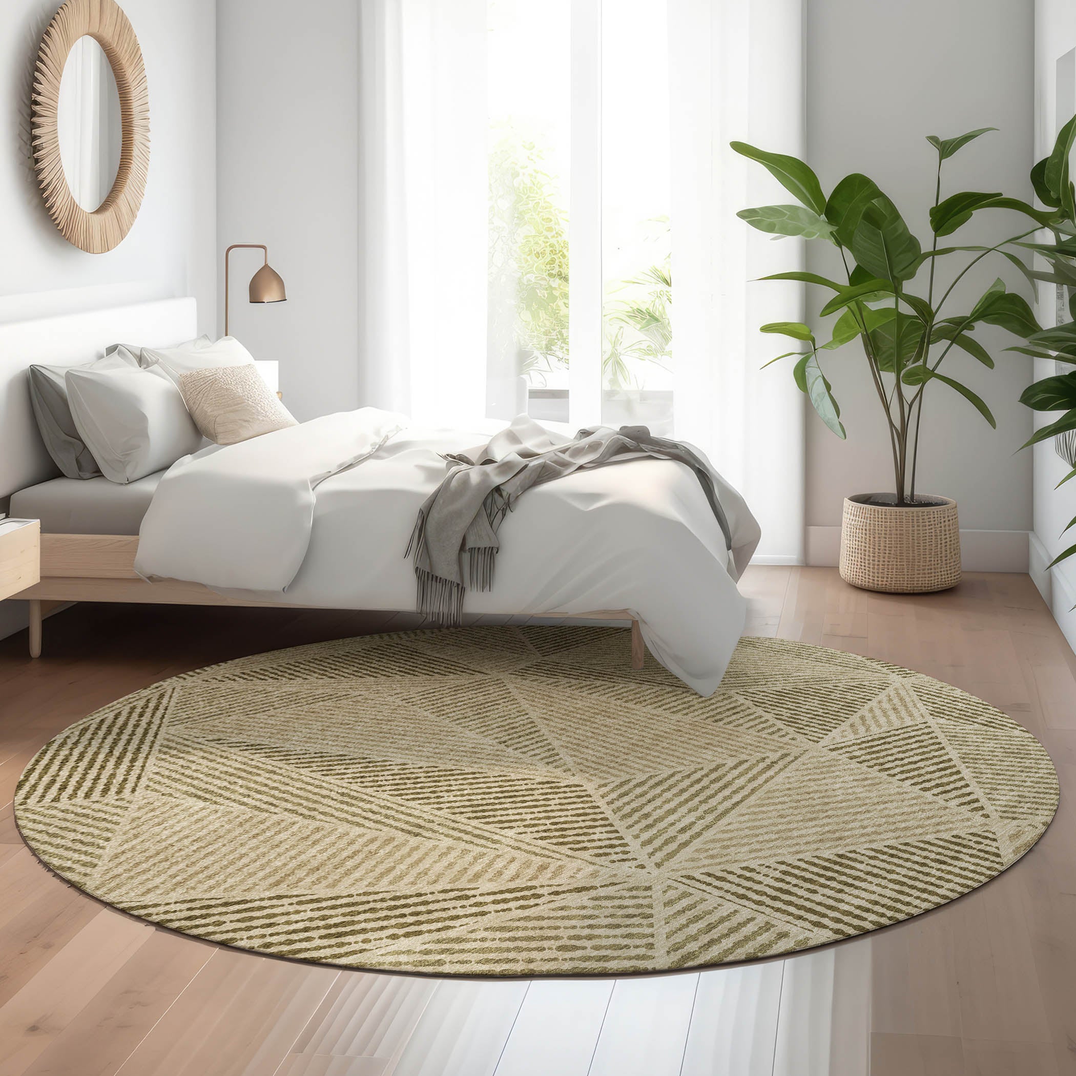 Valletta Machine Washable Transitional Khaki Brown Rug 8' x 8' #shape_Round