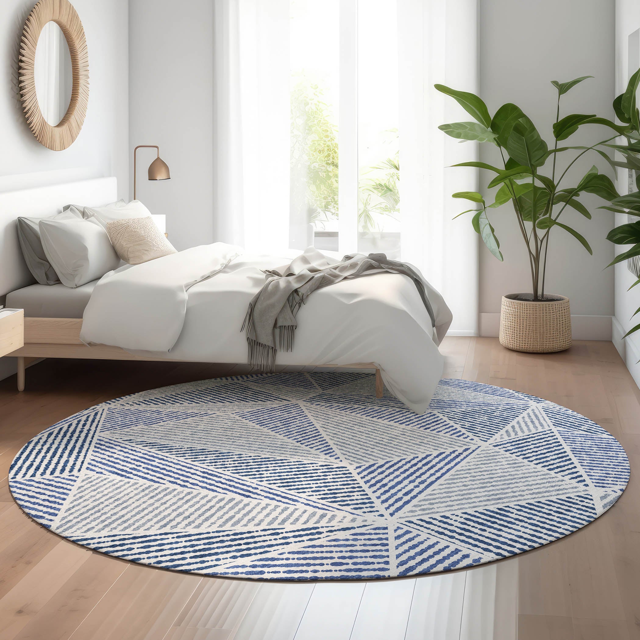 Valletta Machine Washable Transitional Navy Blue Rug 8' x 8' #shape_Round