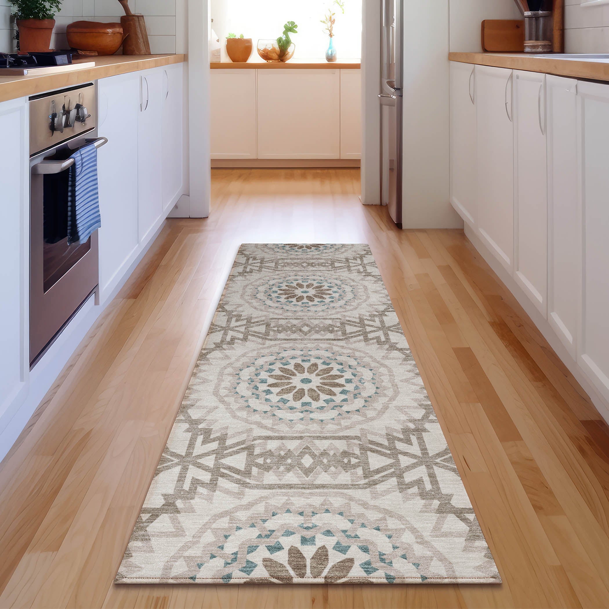 Antigua Machine Washable Transitional Beige Brown Rug 2'3" x 7'6" #shape_Runner