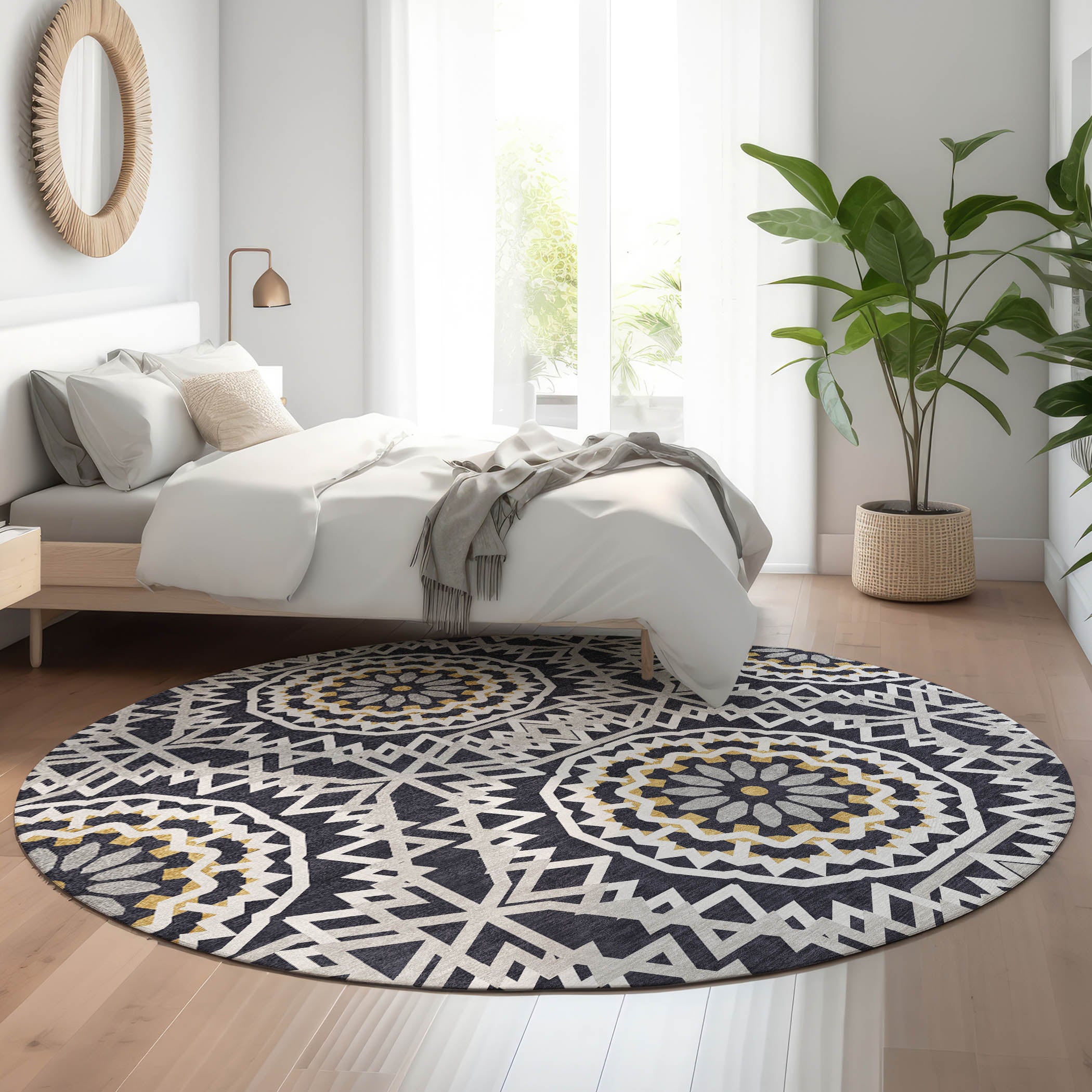 Antigua Machine Washable Transitional Black Rug 8' x 8' #shape_Round